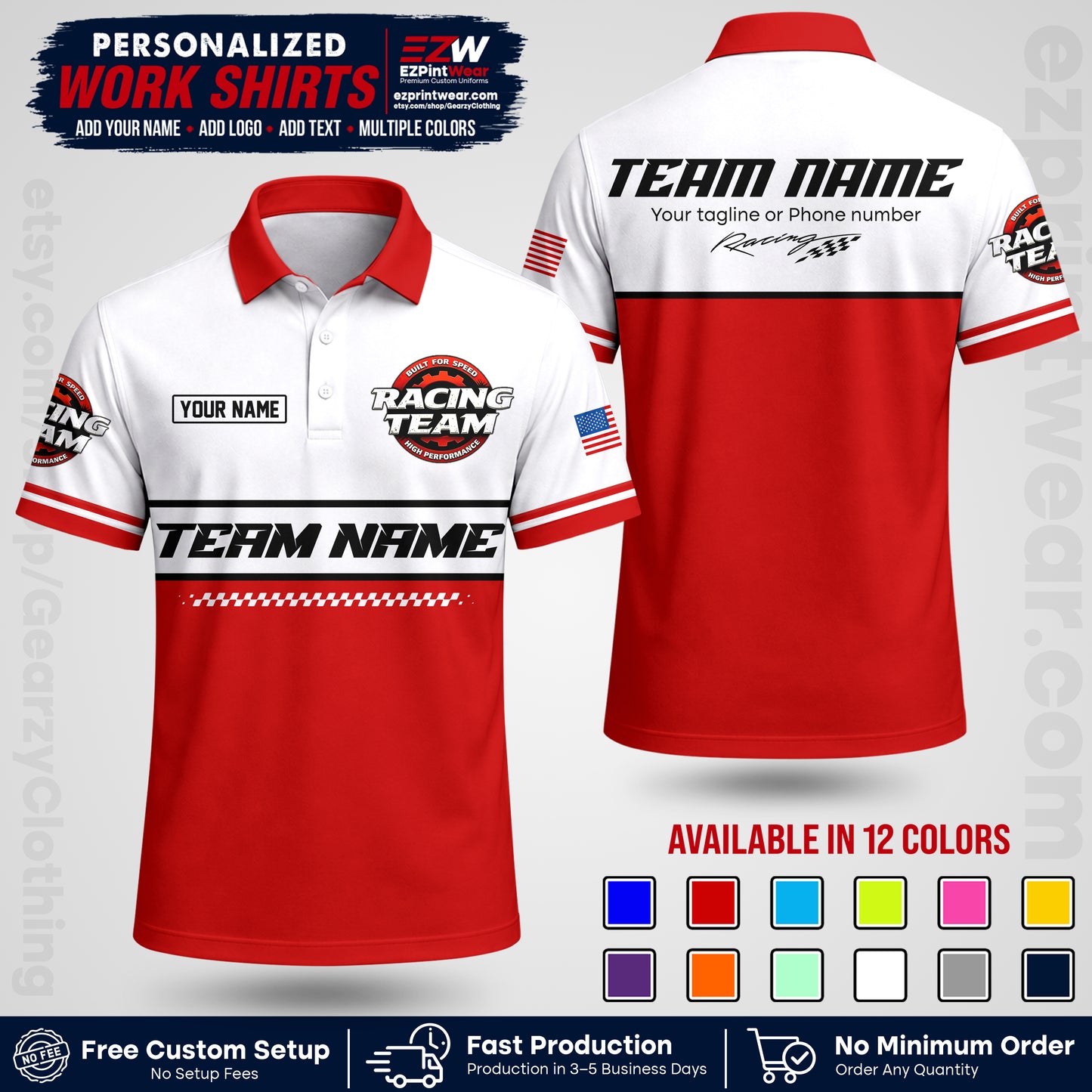 Custom Racing Shirt with Name, Logo & Text | Race Team Uniform | Crew Apparel RC12