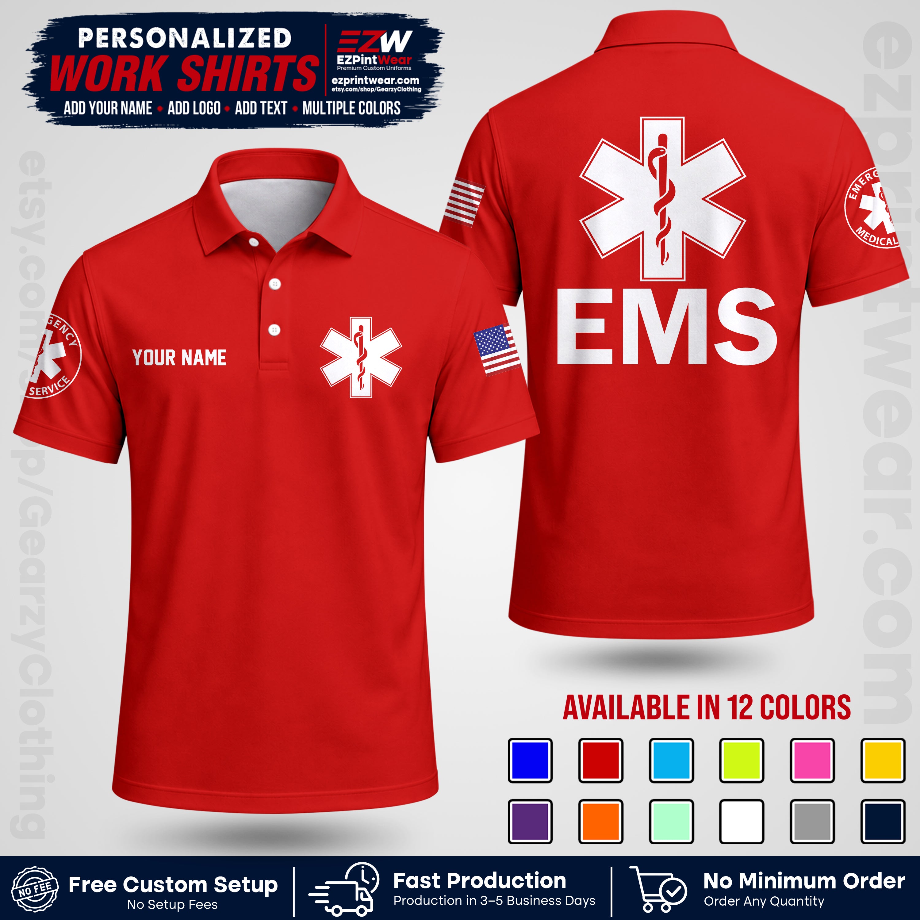 Custom EMS Shirt with Name, Logo & Text | EMS Team Uniform | First Responder Workwear EMSU02