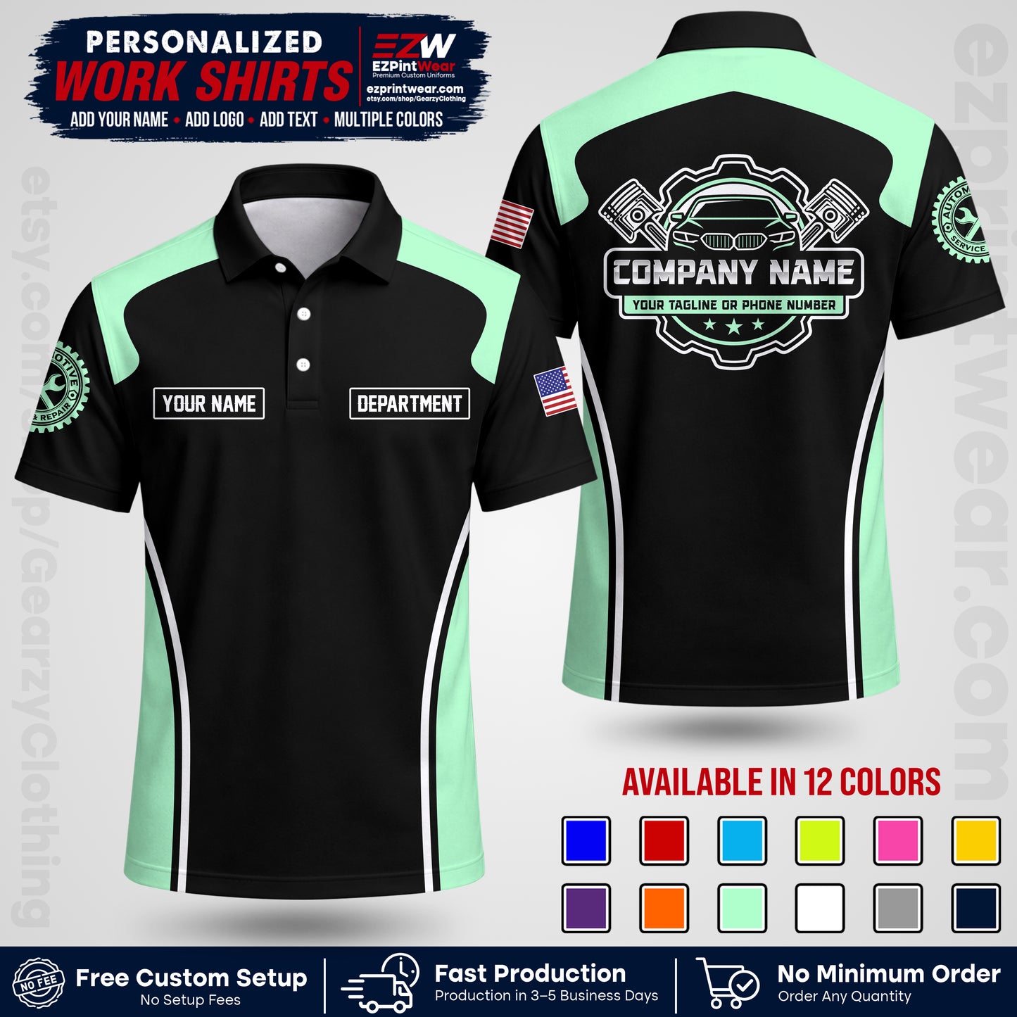 Custom Mechanic Work Shirt with Name, Logo & Text | Auto Shop Uniform | Workwear MCN 10
