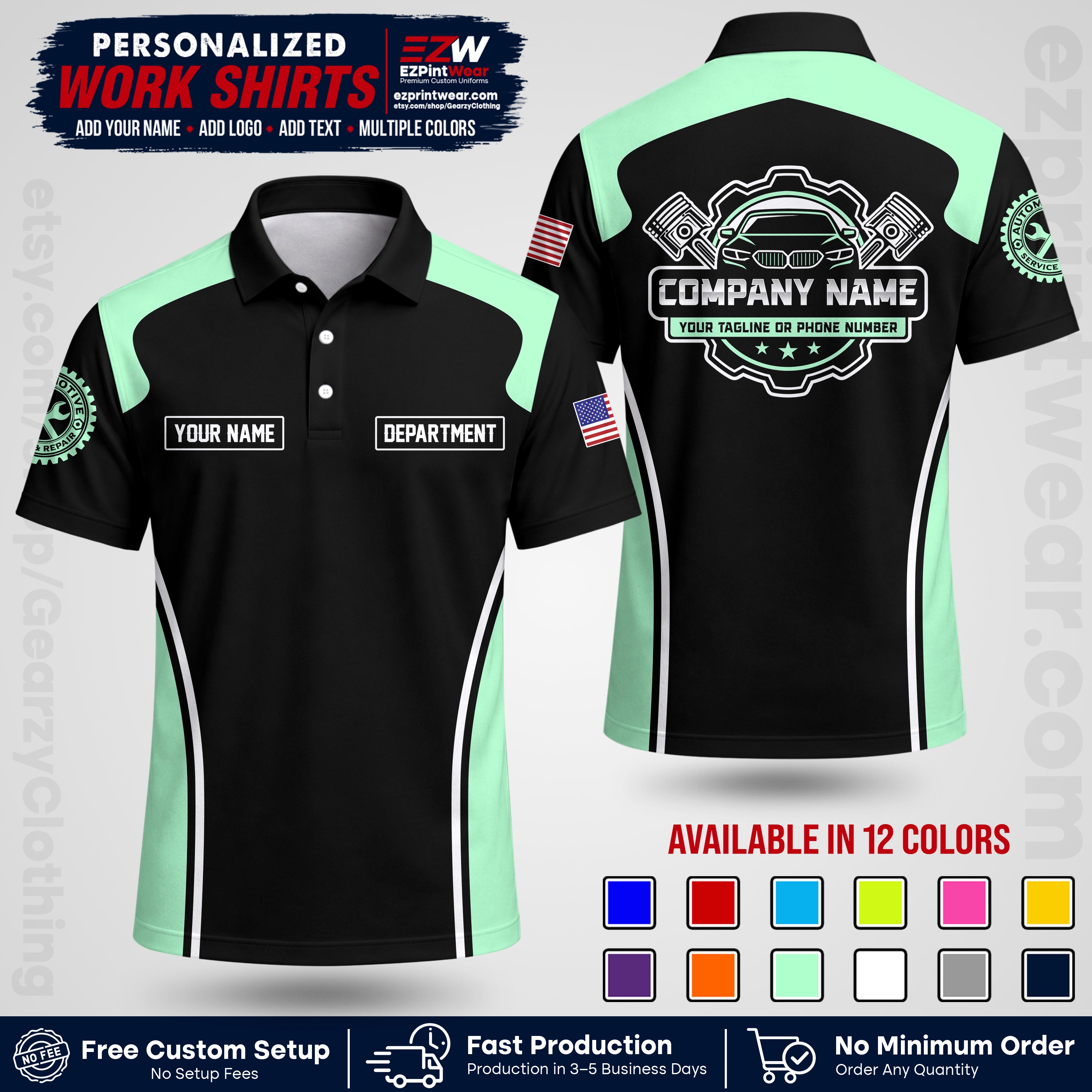 Custom Mechanic Work Shirt with Name, Logo & Text | Auto Shop Uniform | Workwear MCN 10