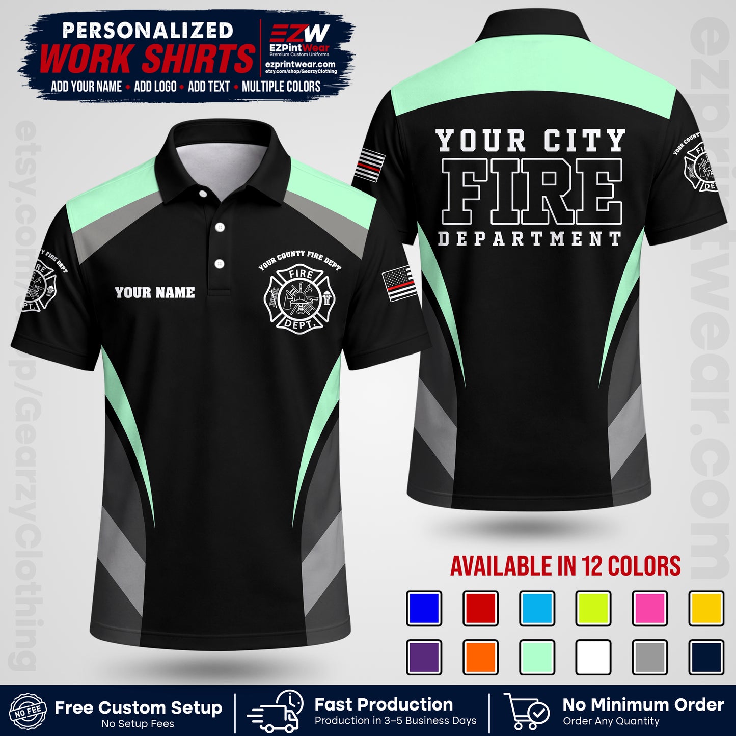 Custom Fire Department Shirt with Name, City Logo & Text | Firefighter Uniform | Button Up Work Shirt FF02