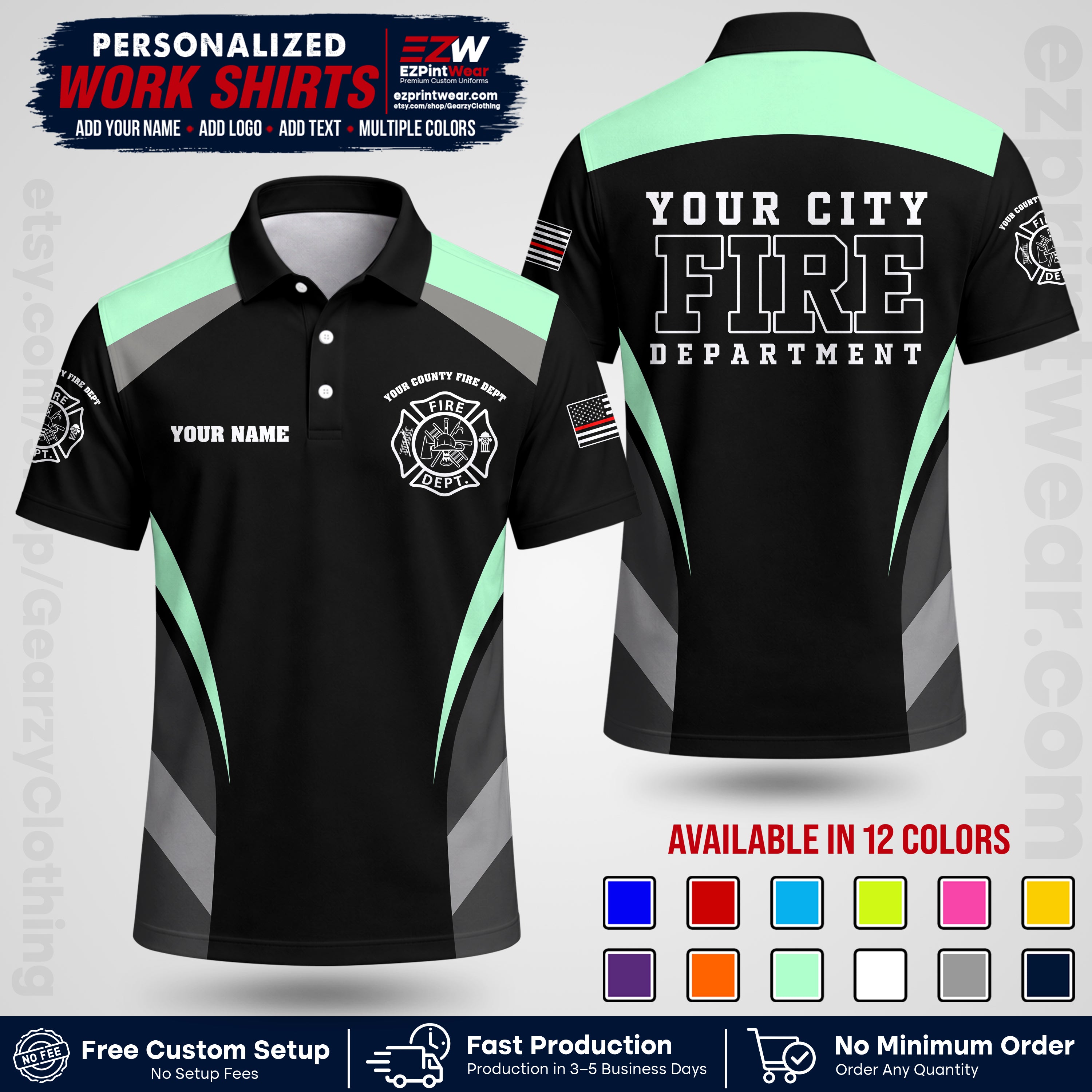 Custom Fire Department Shirt with Name, City Logo & Text | Firefighter Uniform | Button Up Work Shirt FF02