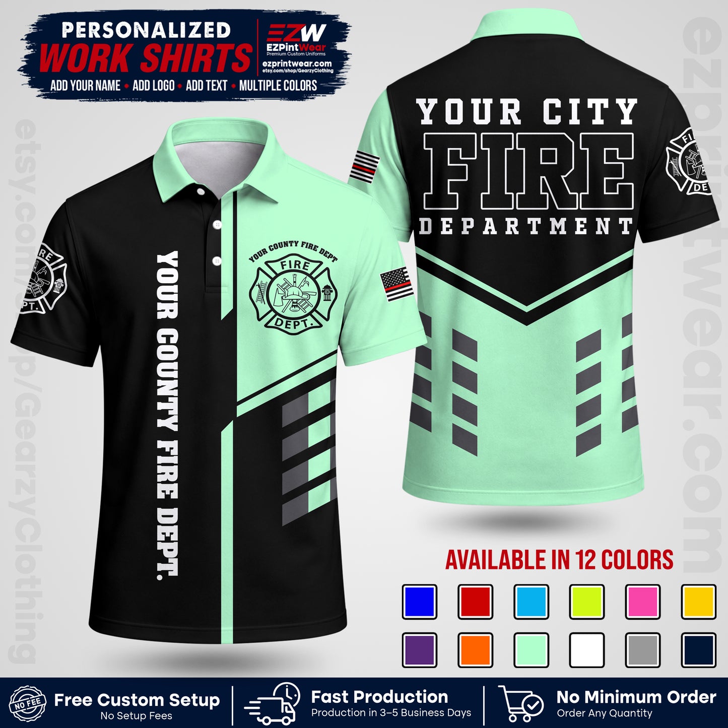Custom Fire Department Shirt with Name, City Logo & Text | Firefighter Uniform | Button Up Work Shirt FF03