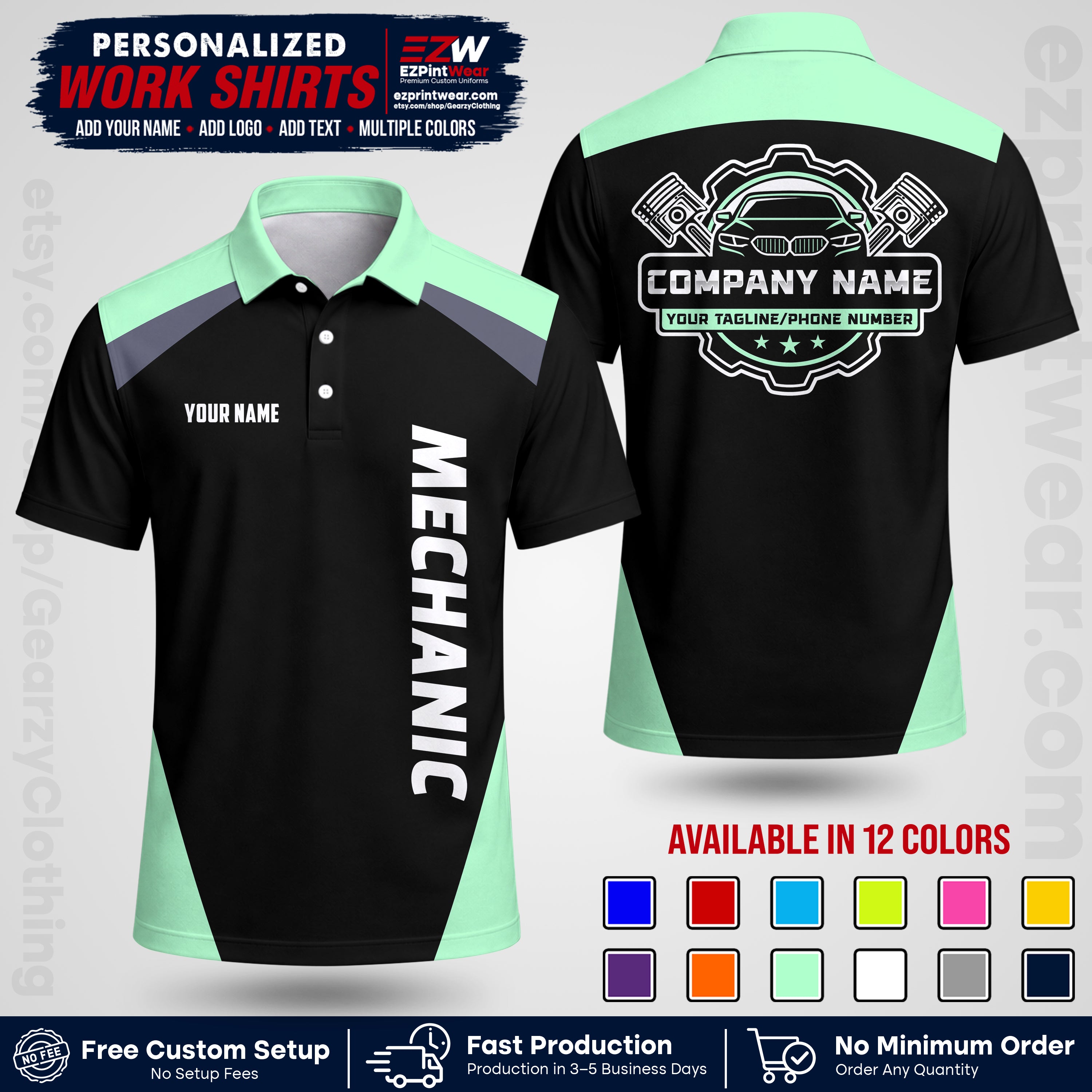 Custom Mechanic Work Shirt with Name, Logo & Text | Auto Shop Uniform | Workwear MCN 02