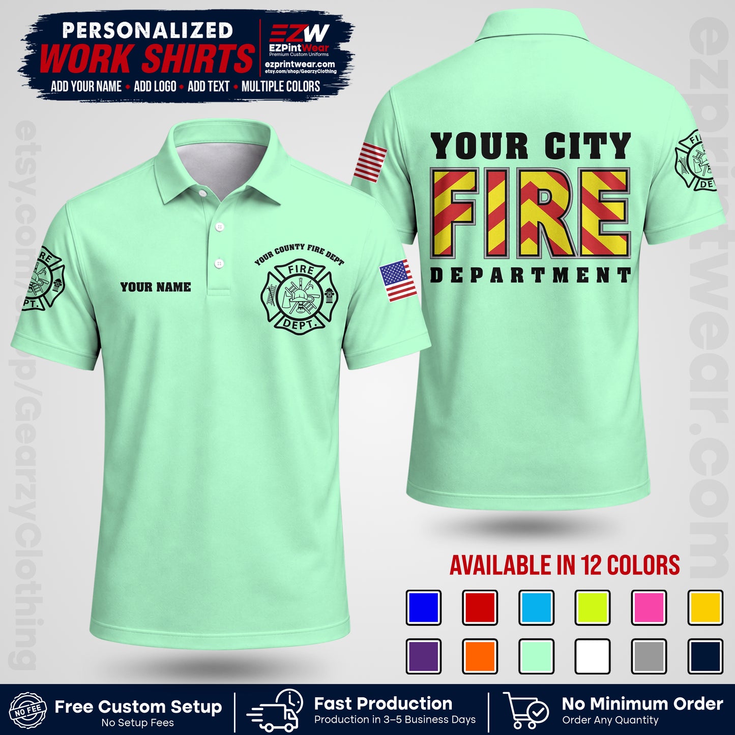 Custom Fire Department Shirt with Name, City Logo & Text | Firefighter Uniform | Button Up Work Shirt FF05
