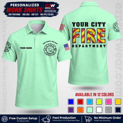 Custom Fire Department Shirt with Name, City Logo & Text | Firefighter Uniform | Button Up Work Shirt FF05