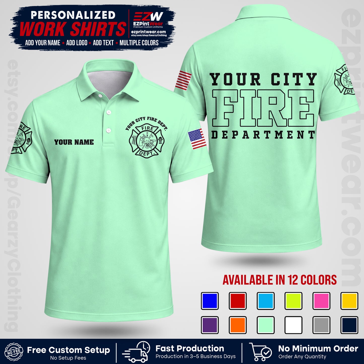 Custom Fire Department Shirt with Name, City Logo & Text | Firefighter Uniform | Button Up Work Shirt FF01