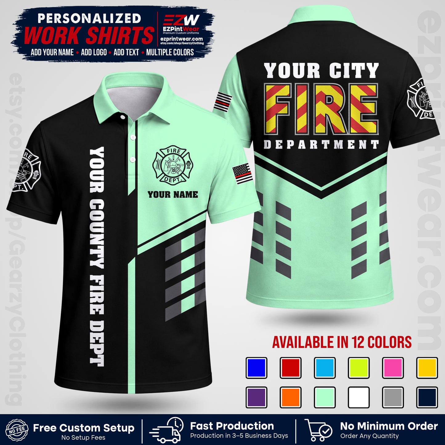 Custom Fire Department Shirt with Name, City Logo & Text | Firefighter Uniform | Button Up Work Shirt FF06