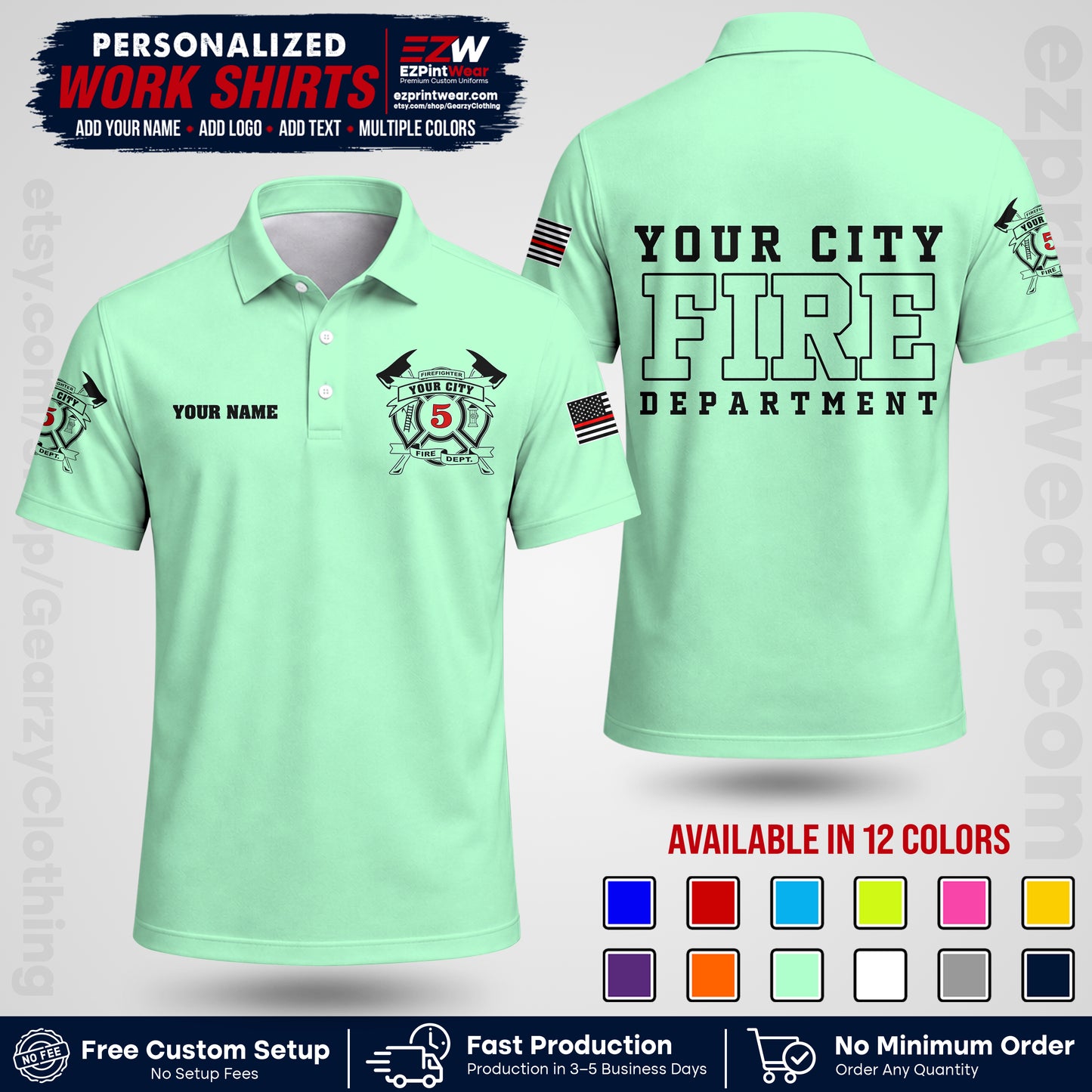 Custom Fire Department Shirt with Name, City Logo & Text | Firefighter Uniform | Button Up Work Shirt FF07
