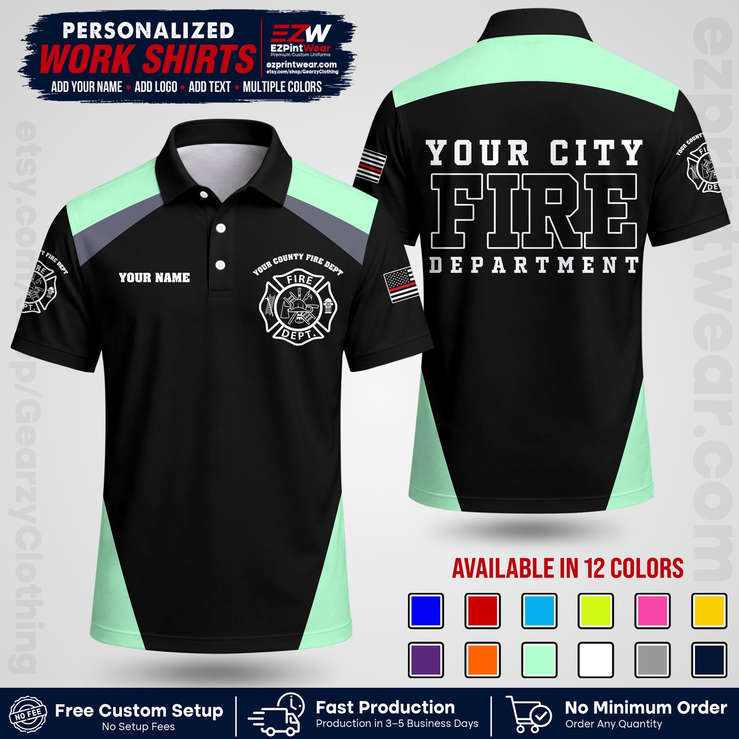 Custom Fire Department Shirt with Name, City Logo & Text | Firefighter Uniform | Button Up Work Shirt FF04