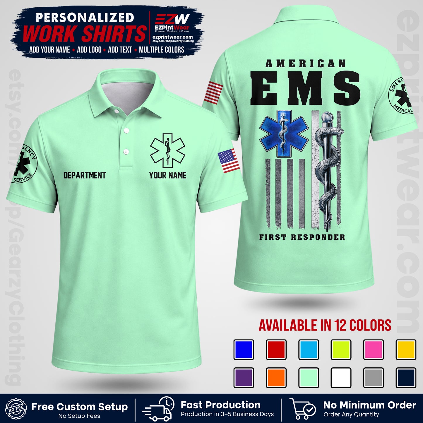 Custom EMS Shirt with Name, Logo & Text | EMS Team Uniform | First Responder Workwear EMSU03