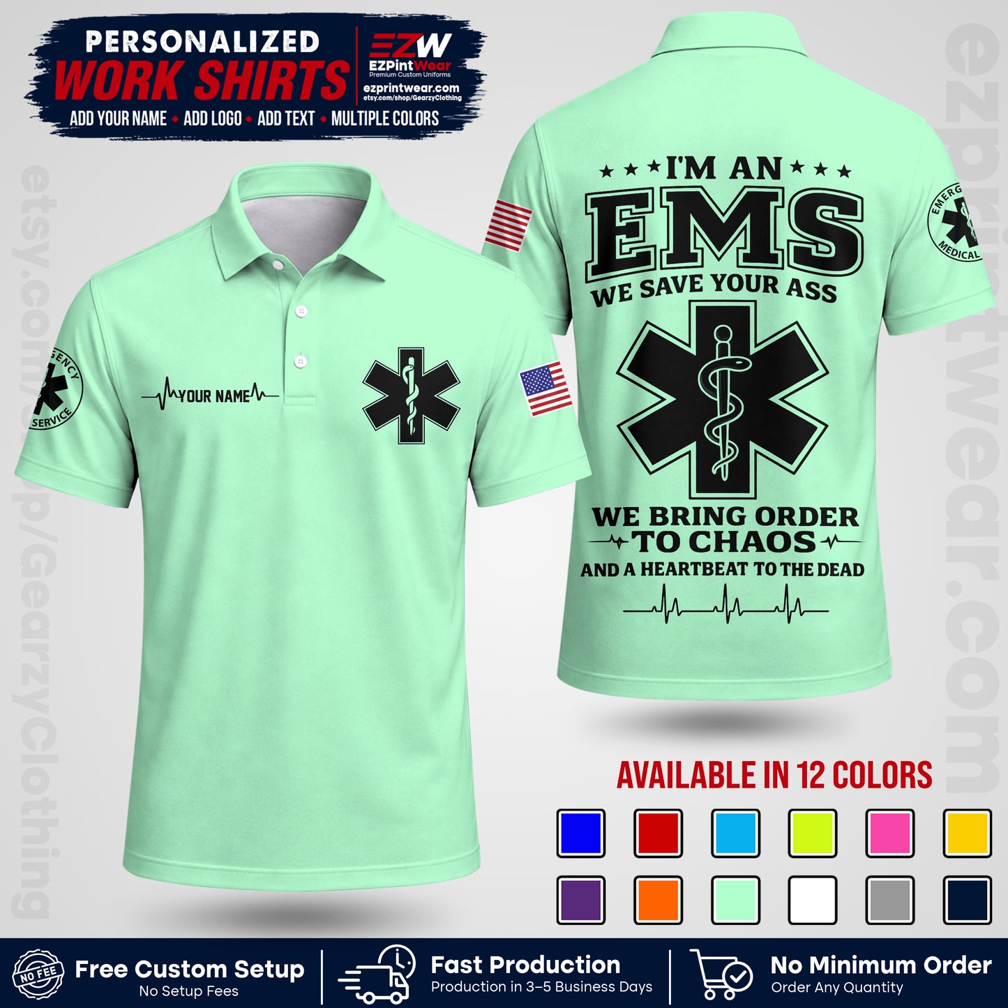 Custom EMS Shirt with Name, Logo & Text | EMS Team Uniform | First Responder Workwear EMSU05