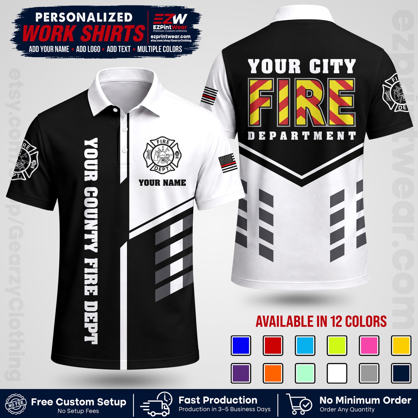 Custom Fire Department Shirt with Name, City Logo & Text | Firefighter Uniform | Button Up Work Shirt FF06