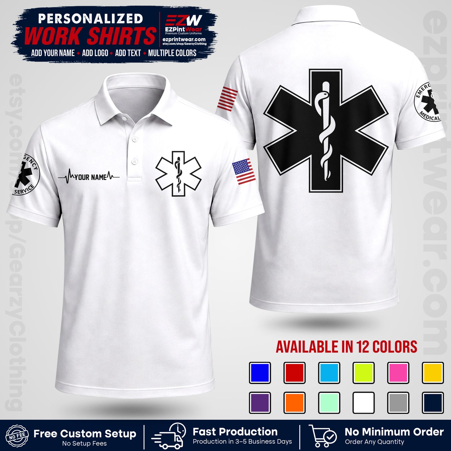 Custom EMS Shirt with Name, Logo & Text | EMS Team Uniform | First Responder Workwear EMSU04