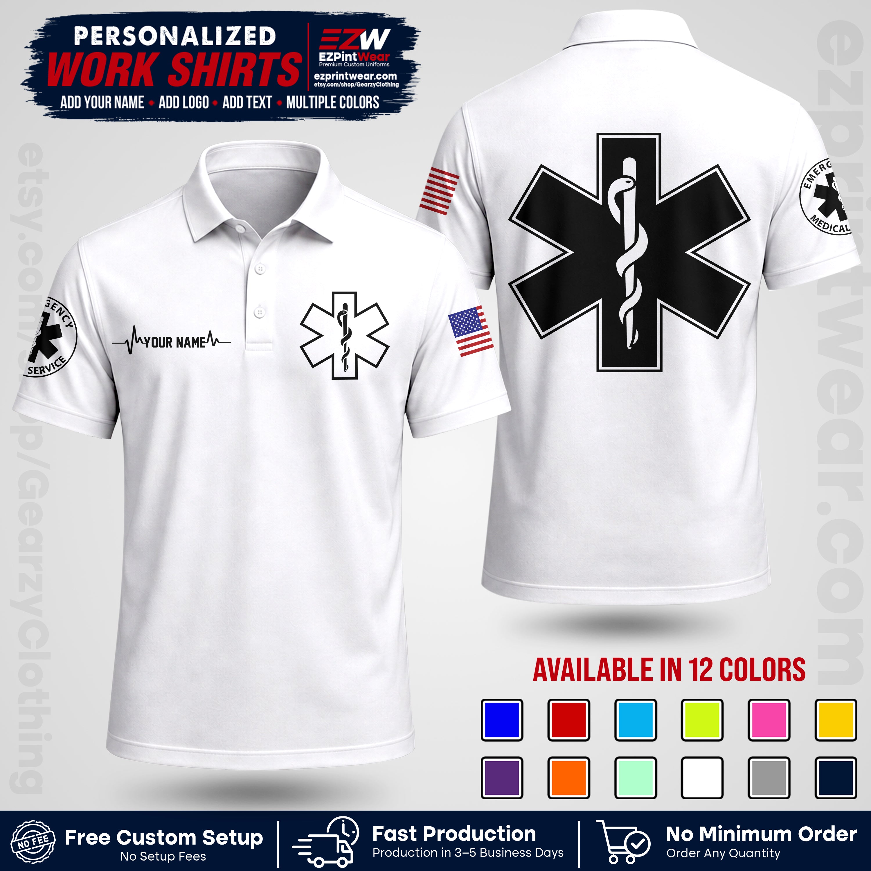Custom EMS Shirt with Name, Logo & Text | EMS Team Uniform | First Responder Workwear EMSU04