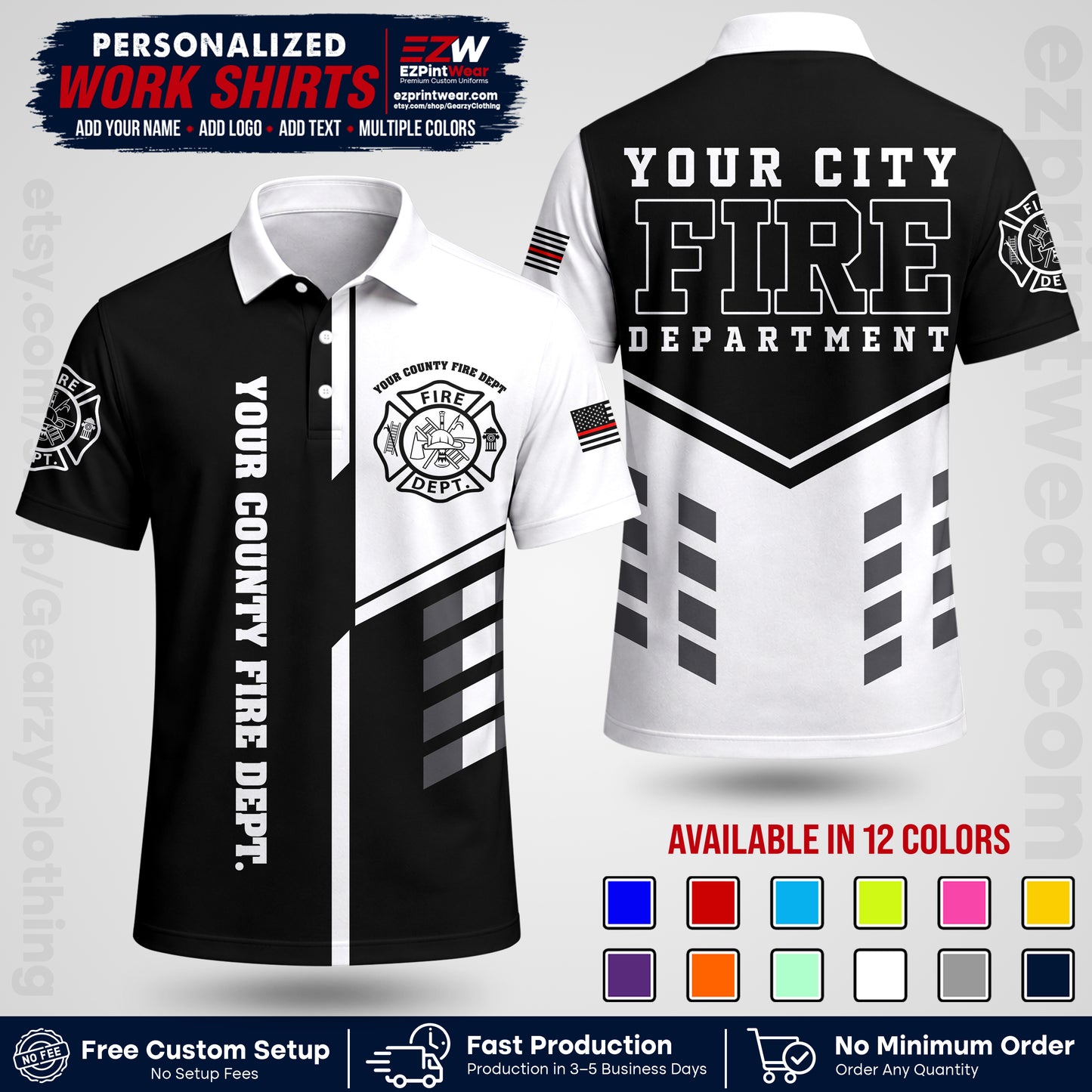 Custom Fire Department Shirt with Name, City Logo & Text | Firefighter Uniform | Button Up Work Shirt FF03