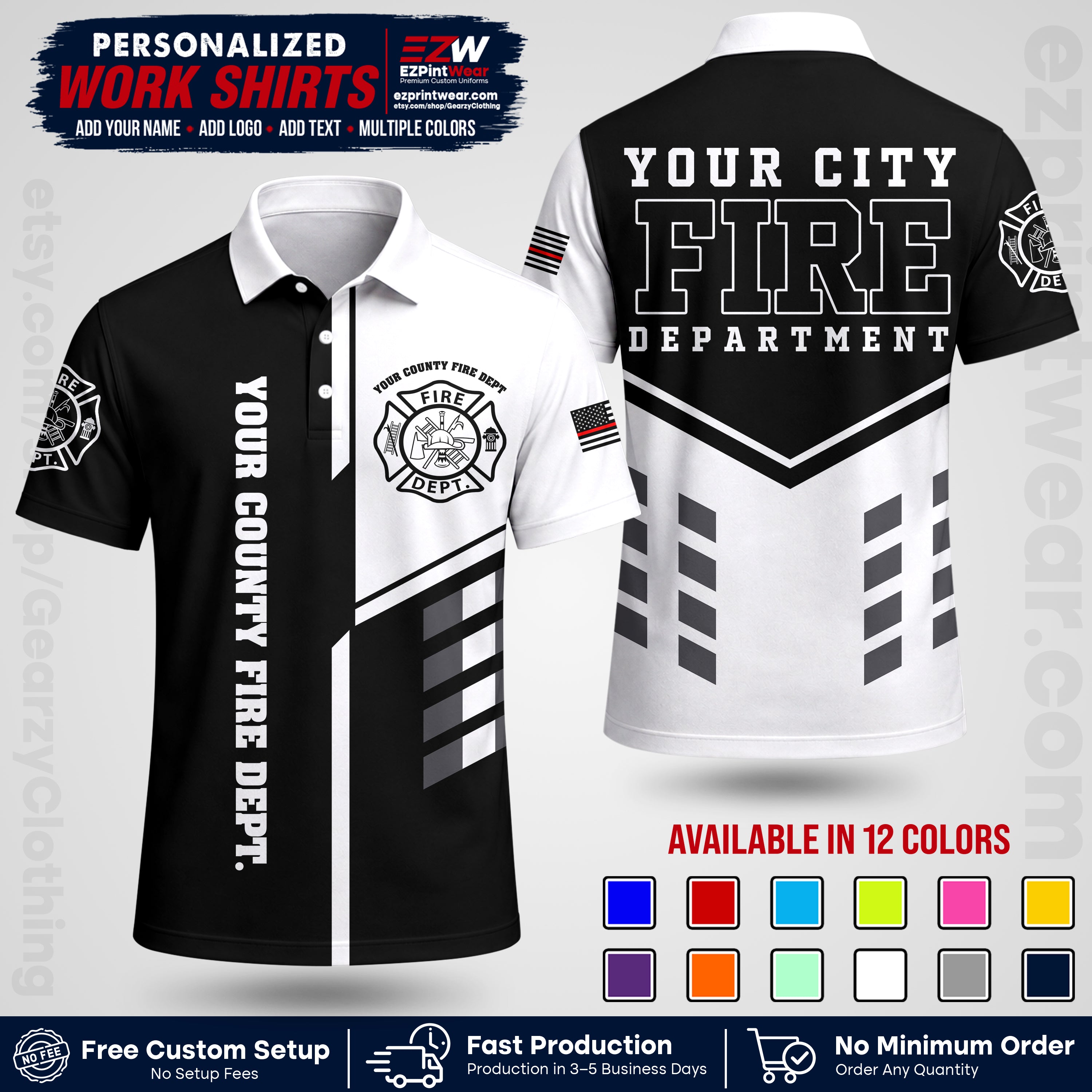 Custom Fire Department Shirt with Name, City Logo & Text | Firefighter Uniform | Button Up Work Shirt FF03