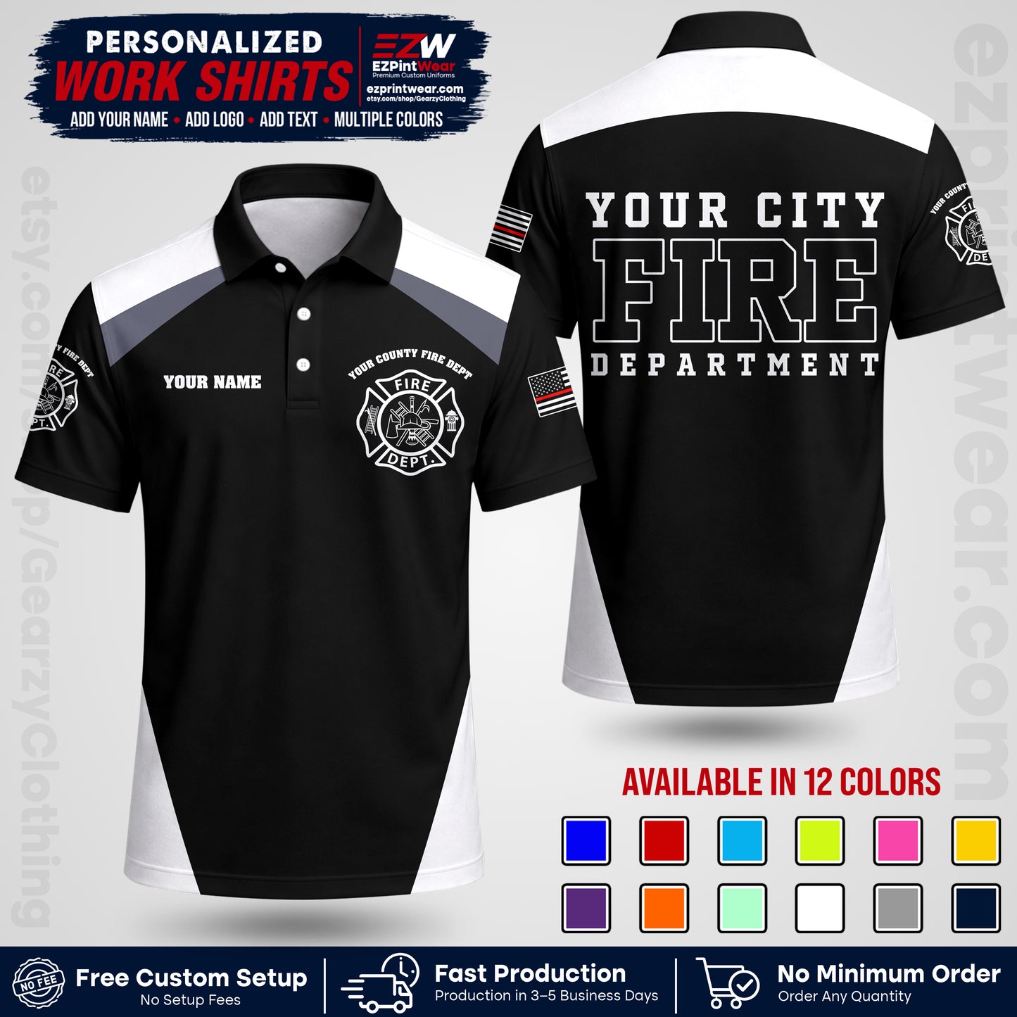 Custom Fire Department Shirt with Name, City Logo & Text | Firefighter Uniform | Button Up Work Shirt FF04