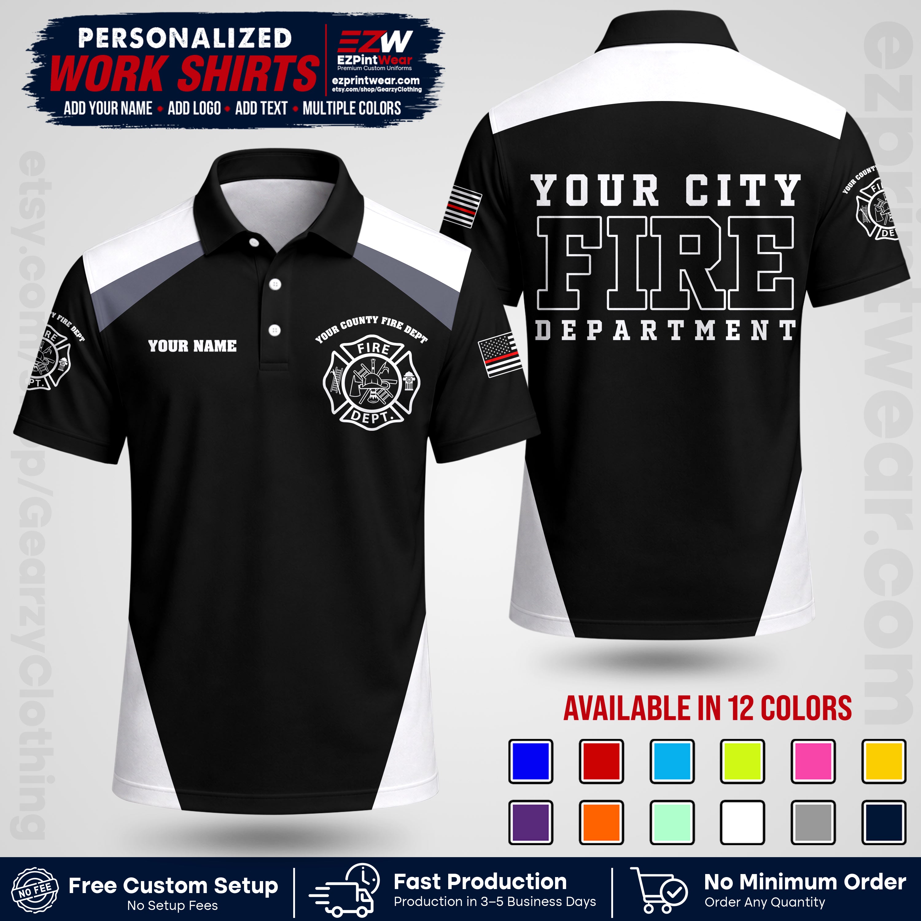 Custom Fire Department Shirt with Name, City Logo & Text | Firefighter Uniform | Button Up Work Shirt FF04