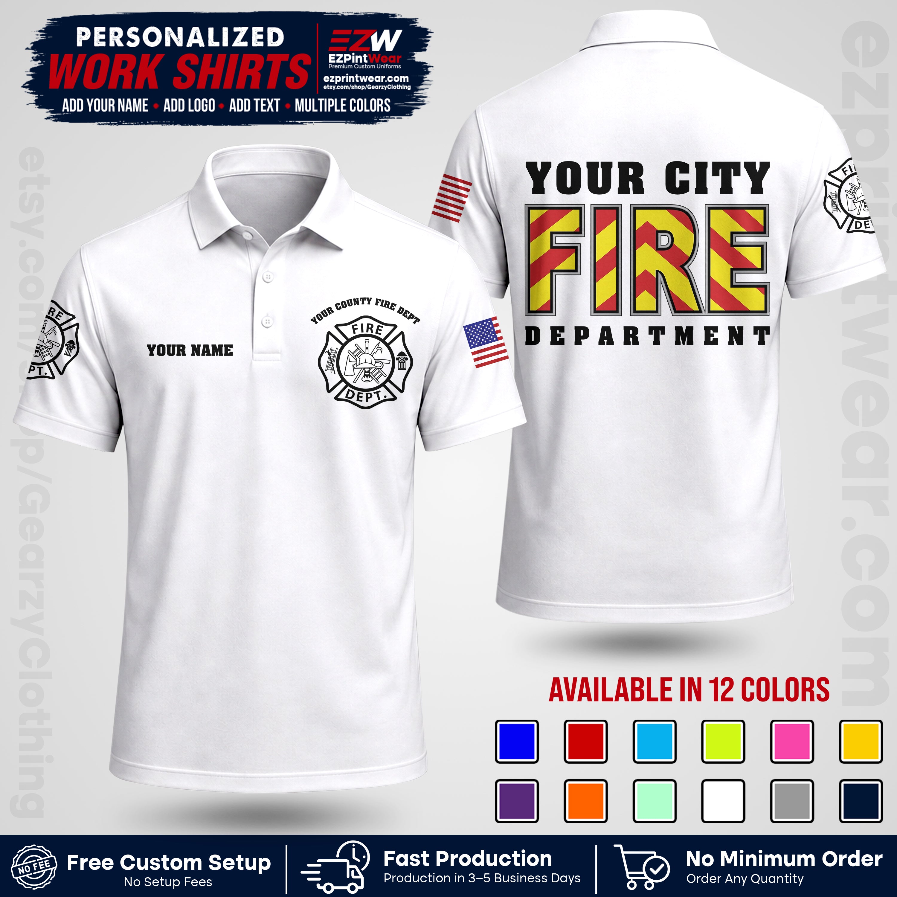 Custom Fire Department Shirt with Name, City Logo & Text | Firefighter Uniform | Button Up Work Shirt FF05