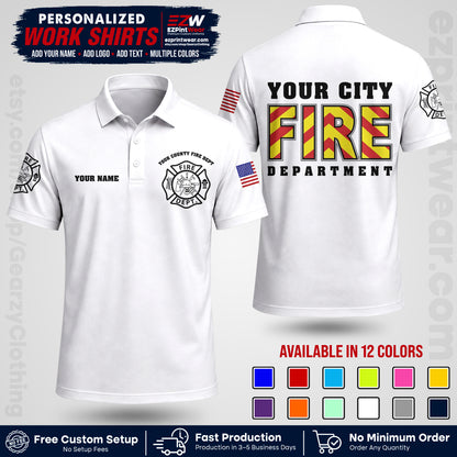 Custom Fire Department Shirt with Name, City Logo & Text | Firefighter Uniform | Button Up Work Shirt FF05