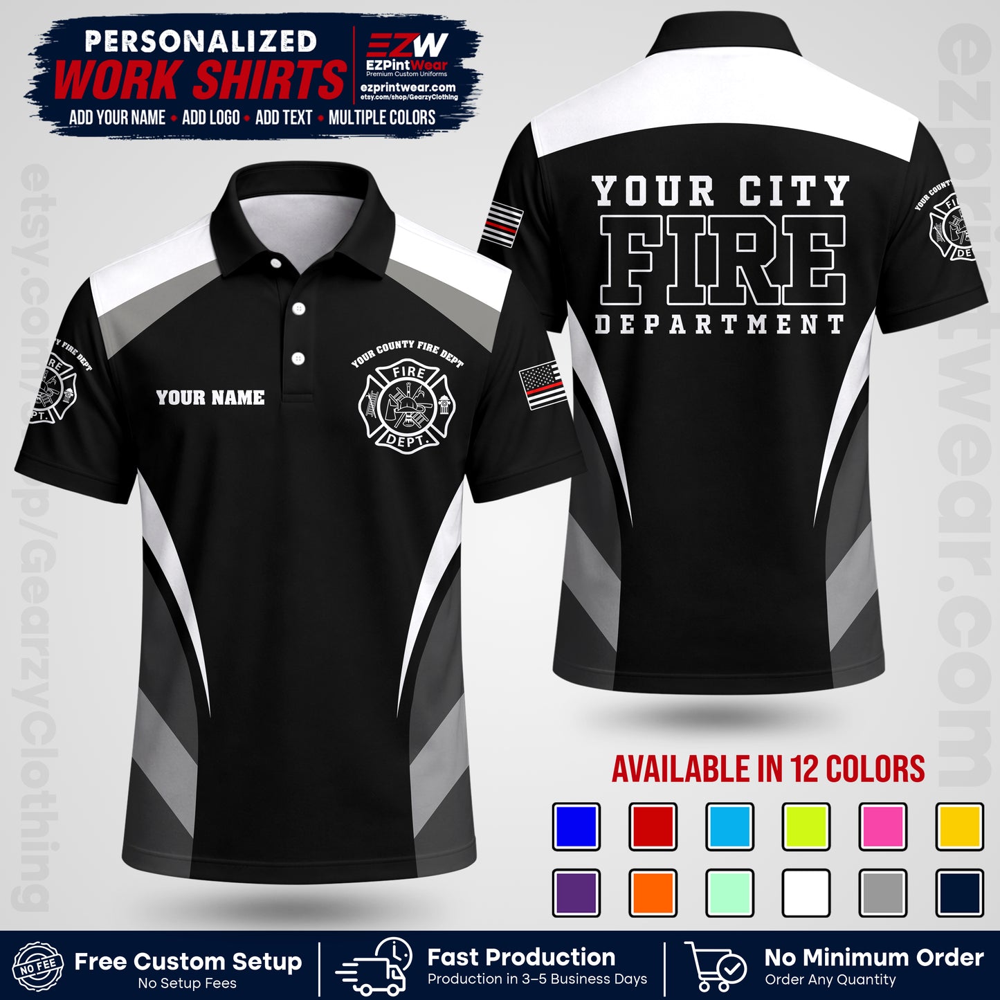 Custom Fire Department Shirt with Name, City Logo & Text | Firefighter Uniform | Button Up Work Shirt FF02