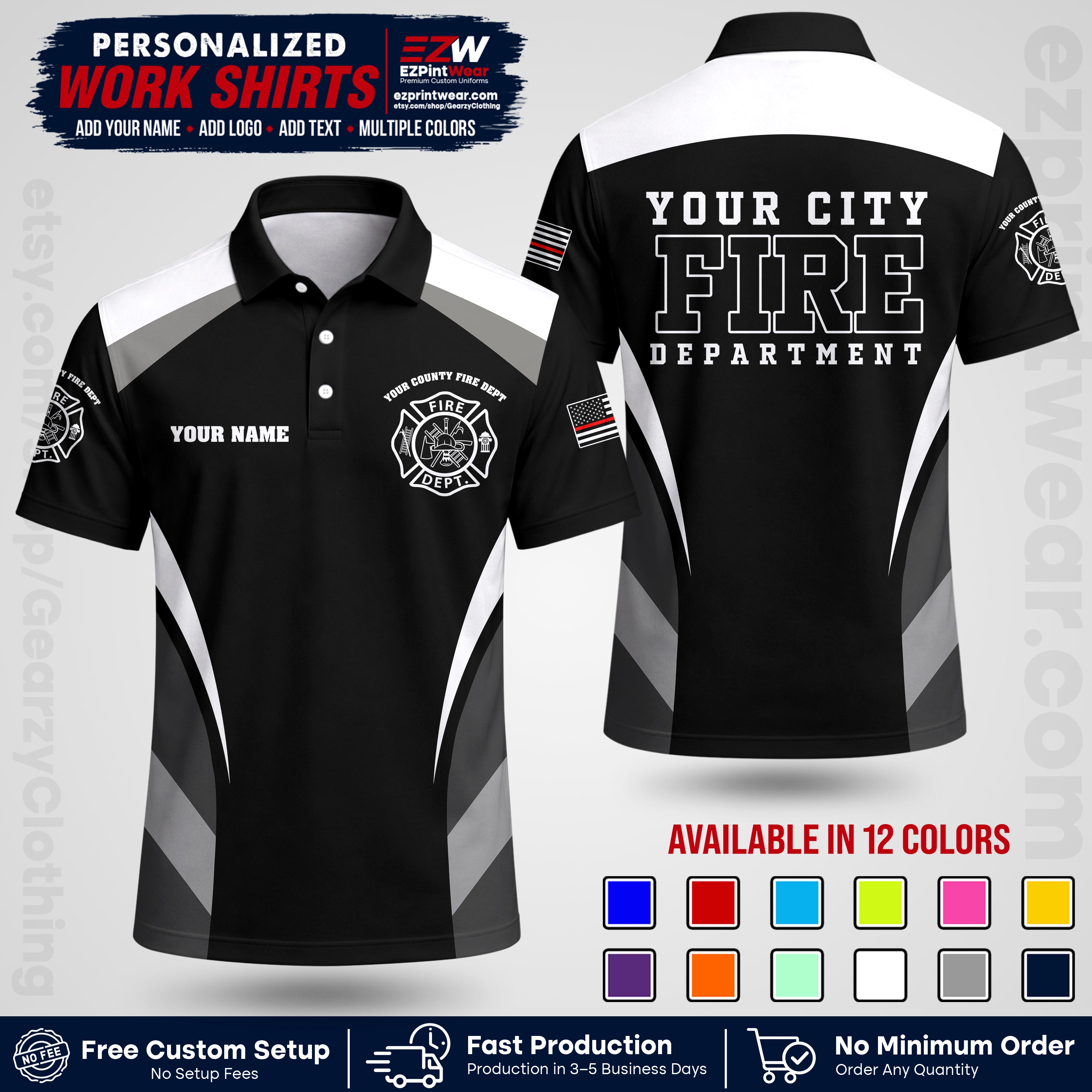 Custom Fire Department Shirt with Name, City Logo & Text | Firefighter Uniform | Button Up Work Shirt FF02
