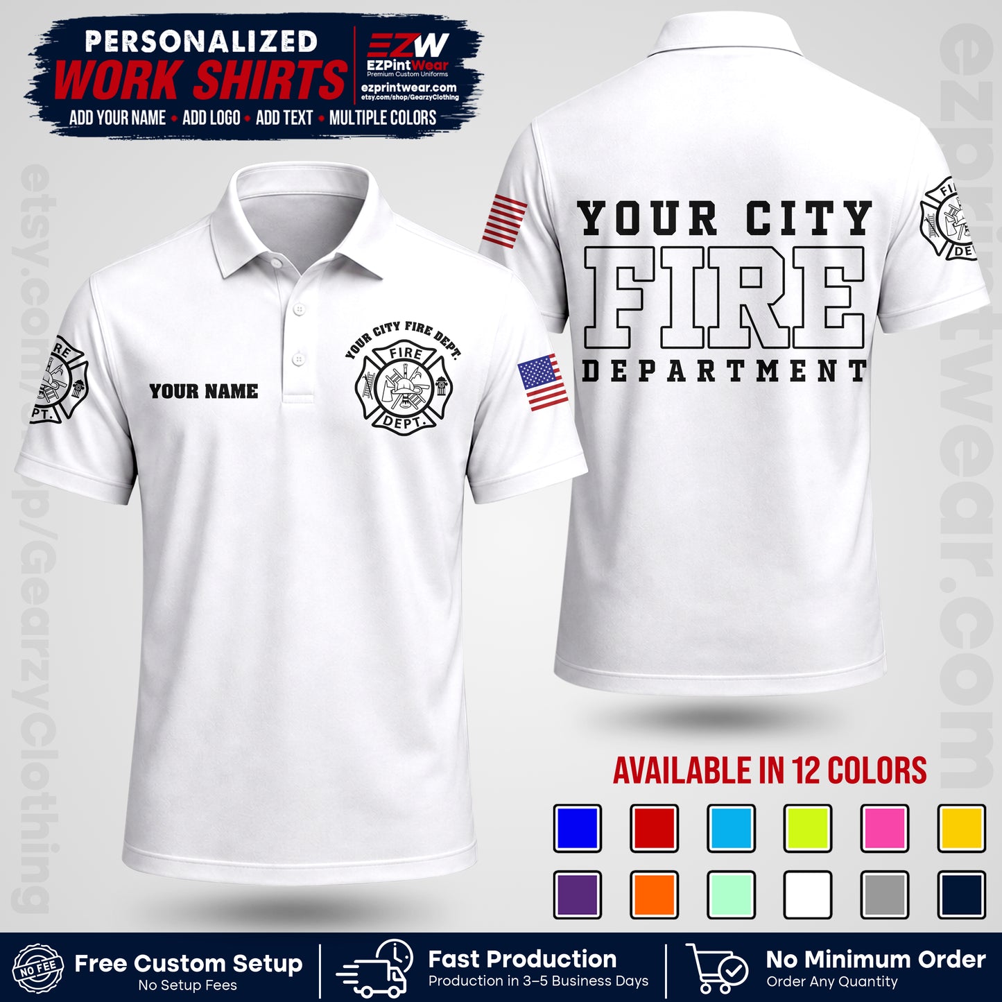 Custom Fire Department Shirt with Name, City Logo & Text | Firefighter Uniform | Button Up Work Shirt FF01