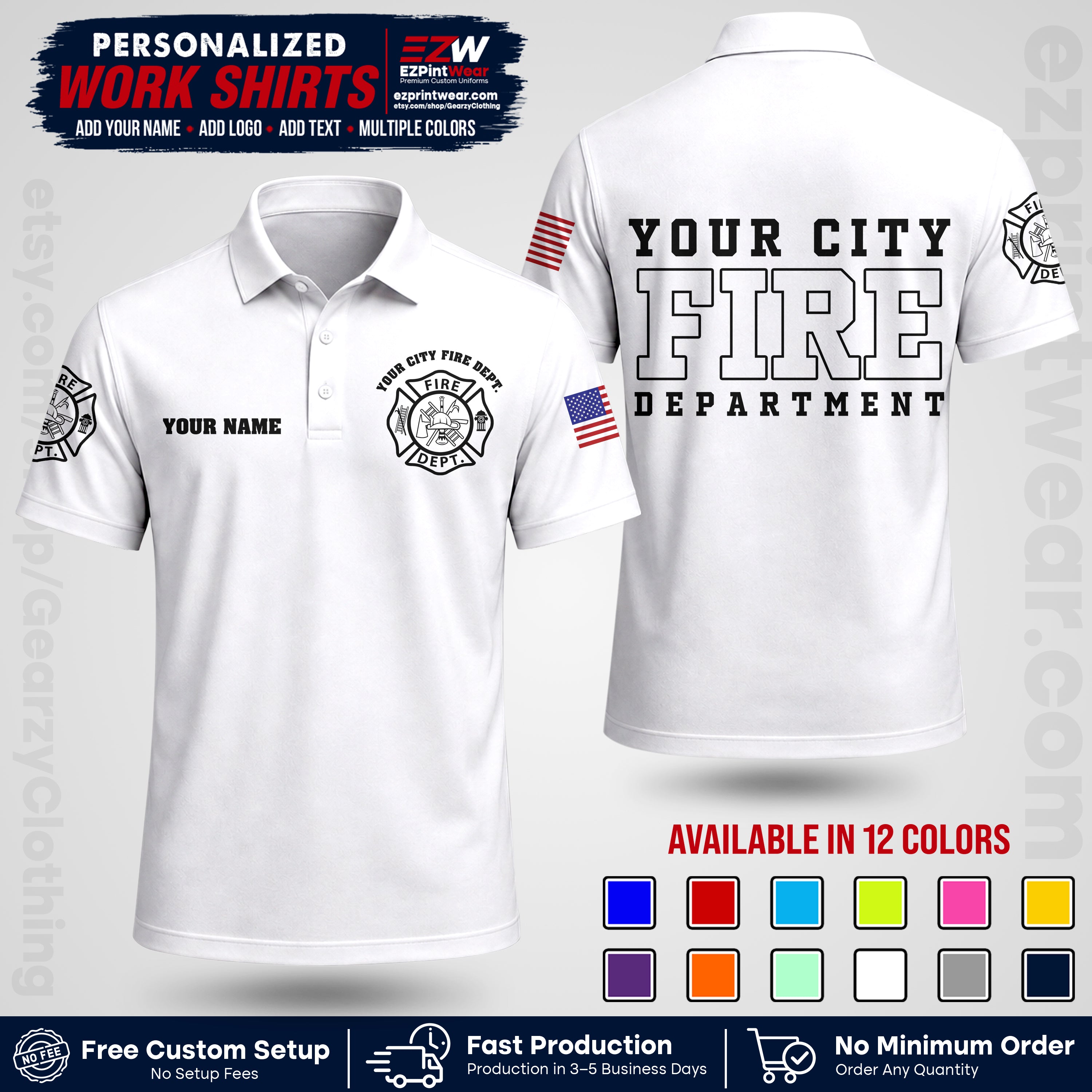 Custom Fire Department Shirt with Name, City Logo & Text | Firefighter Uniform | Button Up Work Shirt FF01