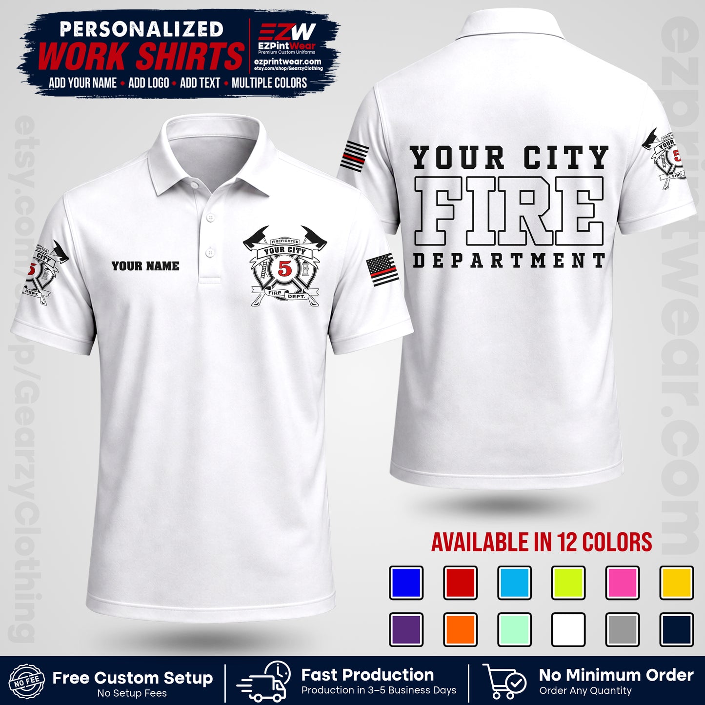 Custom Fire Department Shirt with Name, City Logo & Text | Firefighter Uniform | Button Up Work Shirt FF07