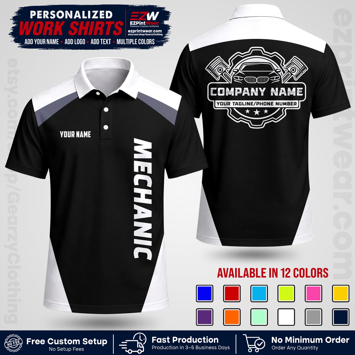 Custom Mechanic Work Shirt with Name, Logo & Text | Auto Shop Uniform | Workwear MCN 02