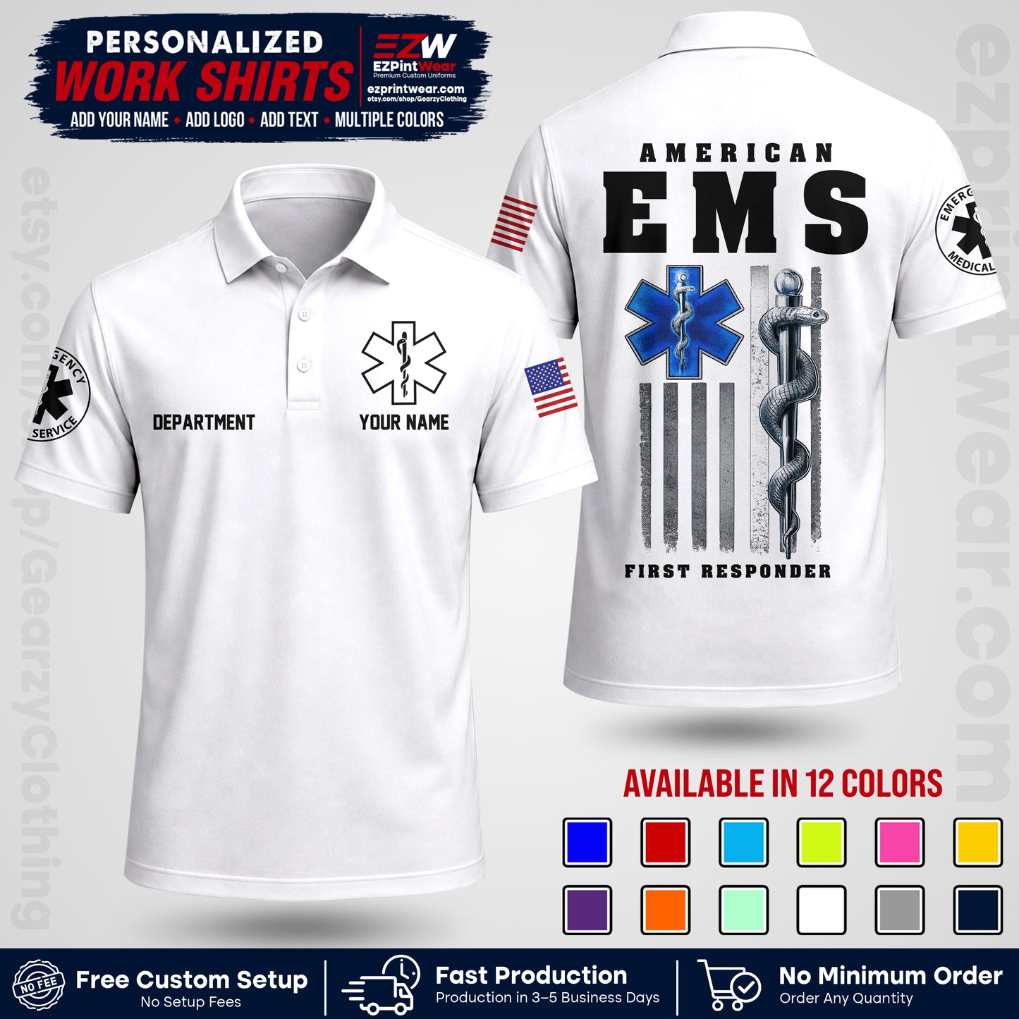 Custom EMS Shirt with Name, Logo & Text | EMS Team Uniform | First Responder Workwear EMSU03