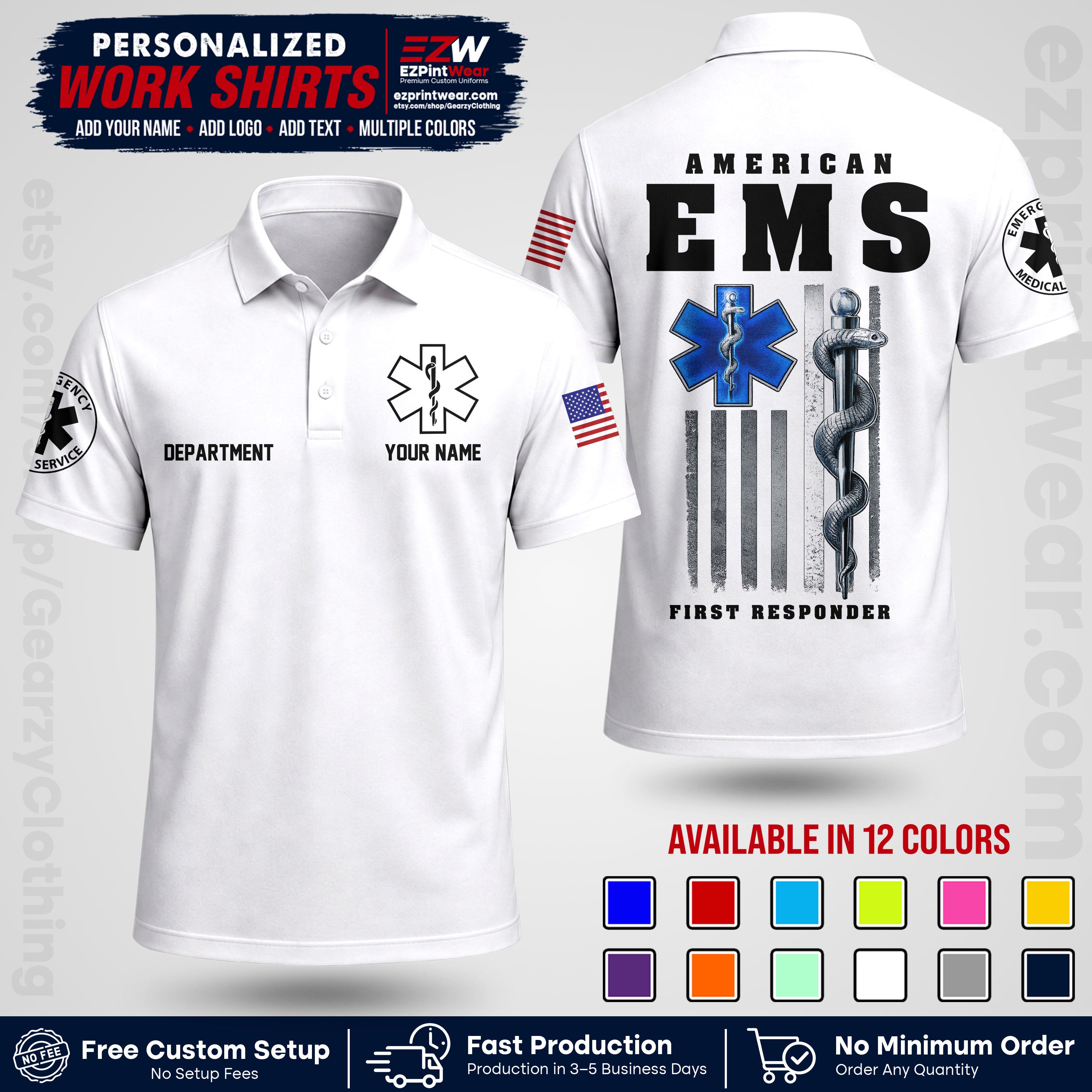 Custom EMS Shirt with Name, Logo & Text | EMS Team Uniform | First Responder Workwear EMSU03