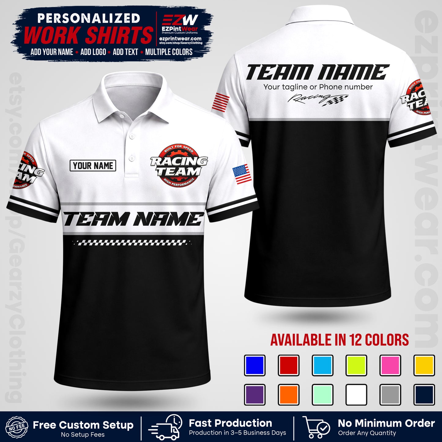 Custom Racing Shirt with Name, Logo & Text | Race Team Uniform | Crew Apparel RC12