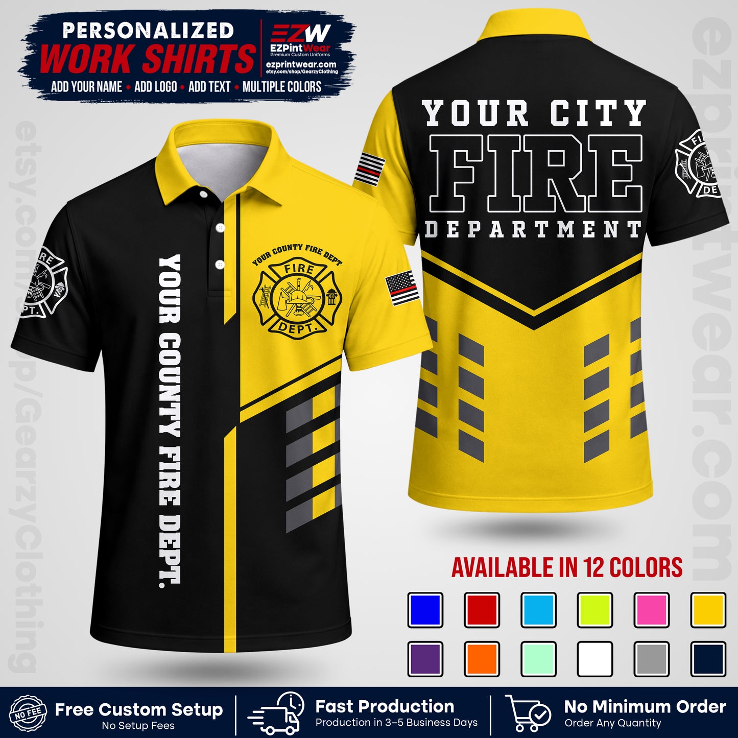 Custom Fire Department Shirt with Name, City Logo & Text | Firefighter Uniform | Button Up Work Shirt FF03