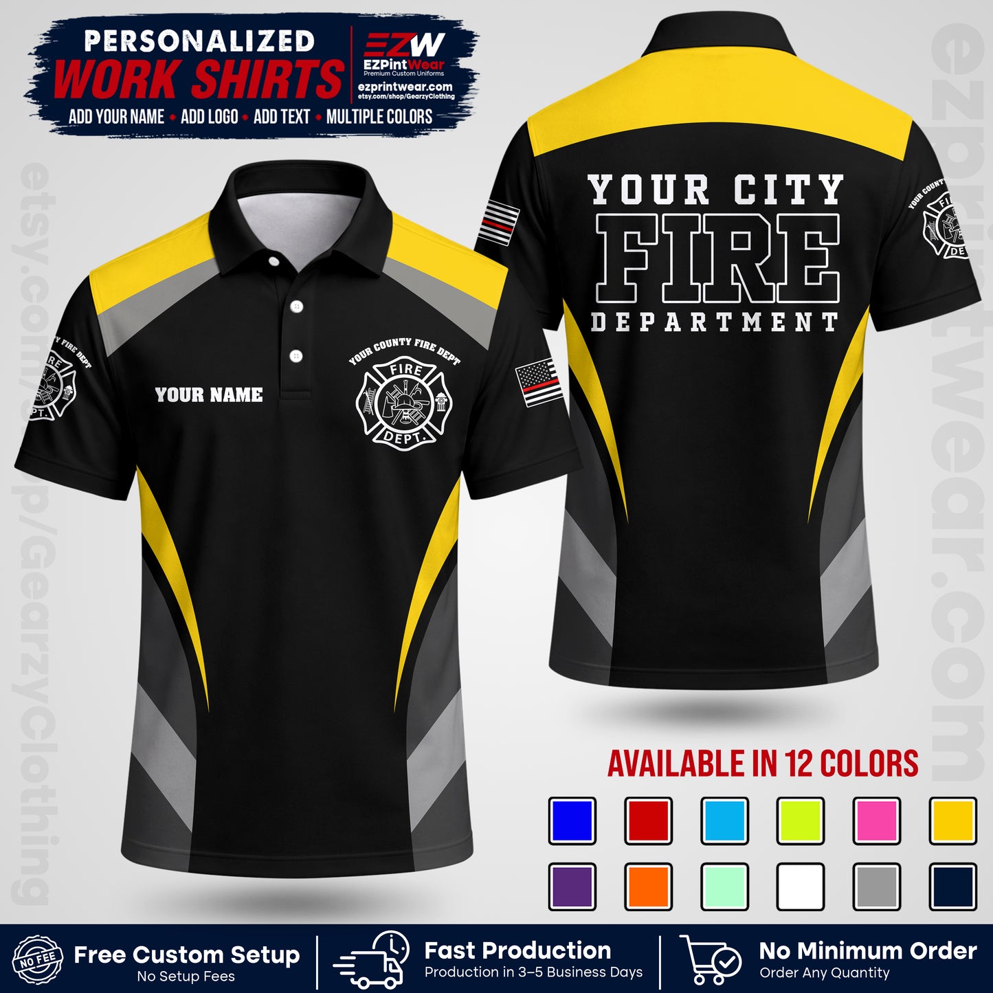 Custom Fire Department Shirt with Name, City Logo & Text | Firefighter Uniform | Button Up Work Shirt FF02