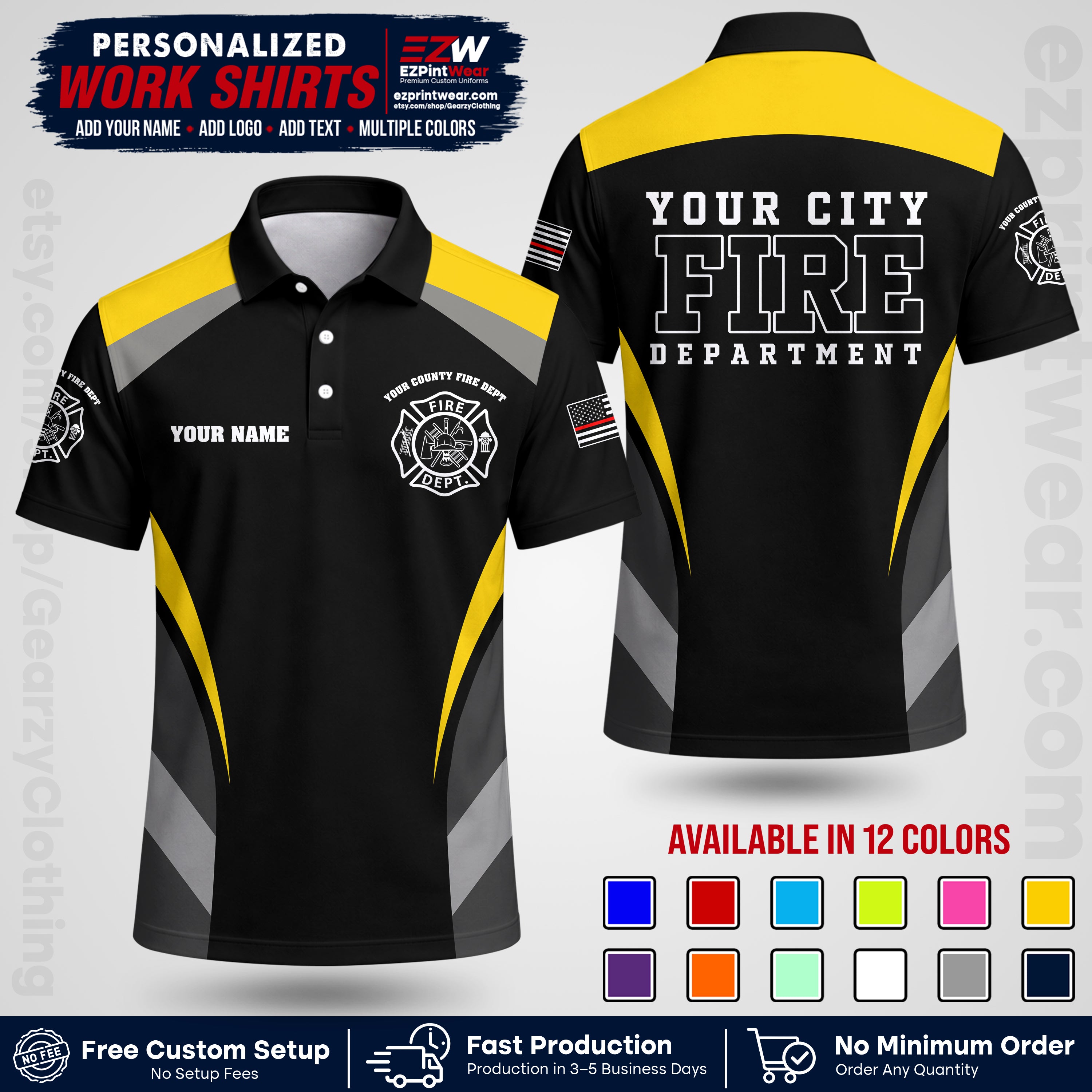 Custom Fire Department Shirt with Name, City Logo & Text | Firefighter Uniform | Button Up Work Shirt FF02