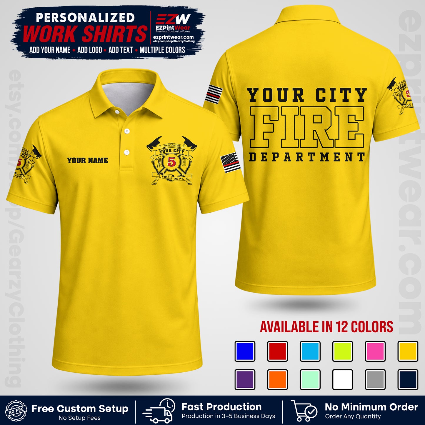 Custom Fire Department Shirt with Name, City Logo & Text | Firefighter Uniform | Button Up Work Shirt FF07