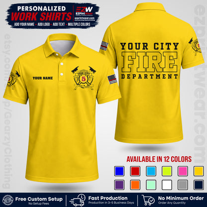 Custom Fire Department Shirt with Name, City Logo & Text | Firefighter Uniform | Button Up Work Shirt FF07