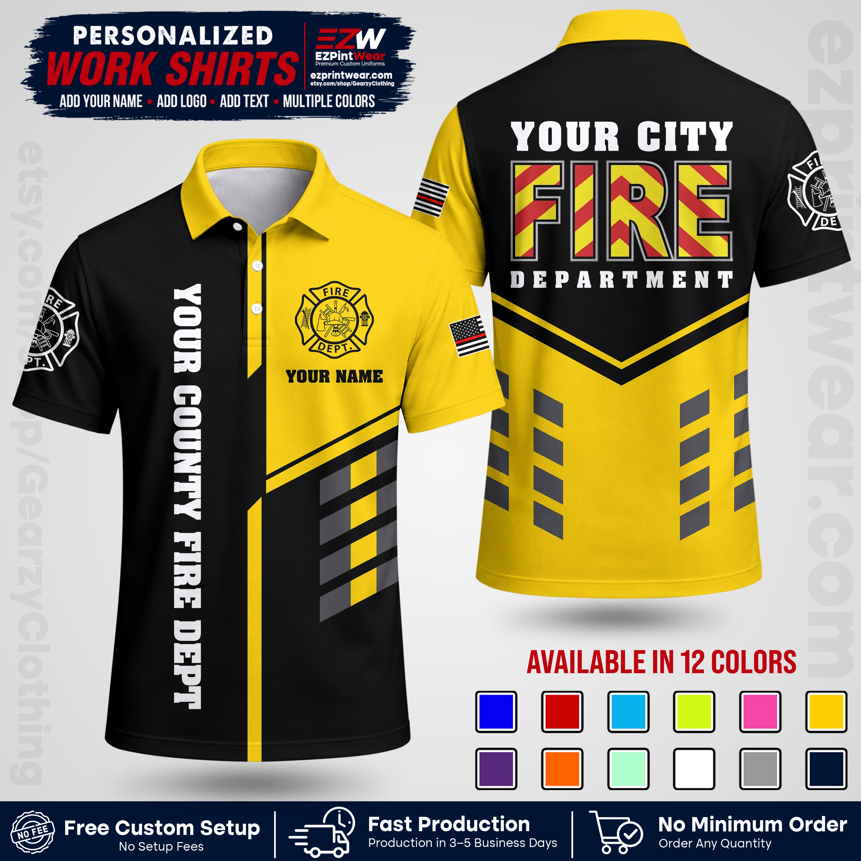 Custom Fire Department Shirt with Name, City Logo & Text | Firefighter Uniform | Button Up Work Shirt FF06