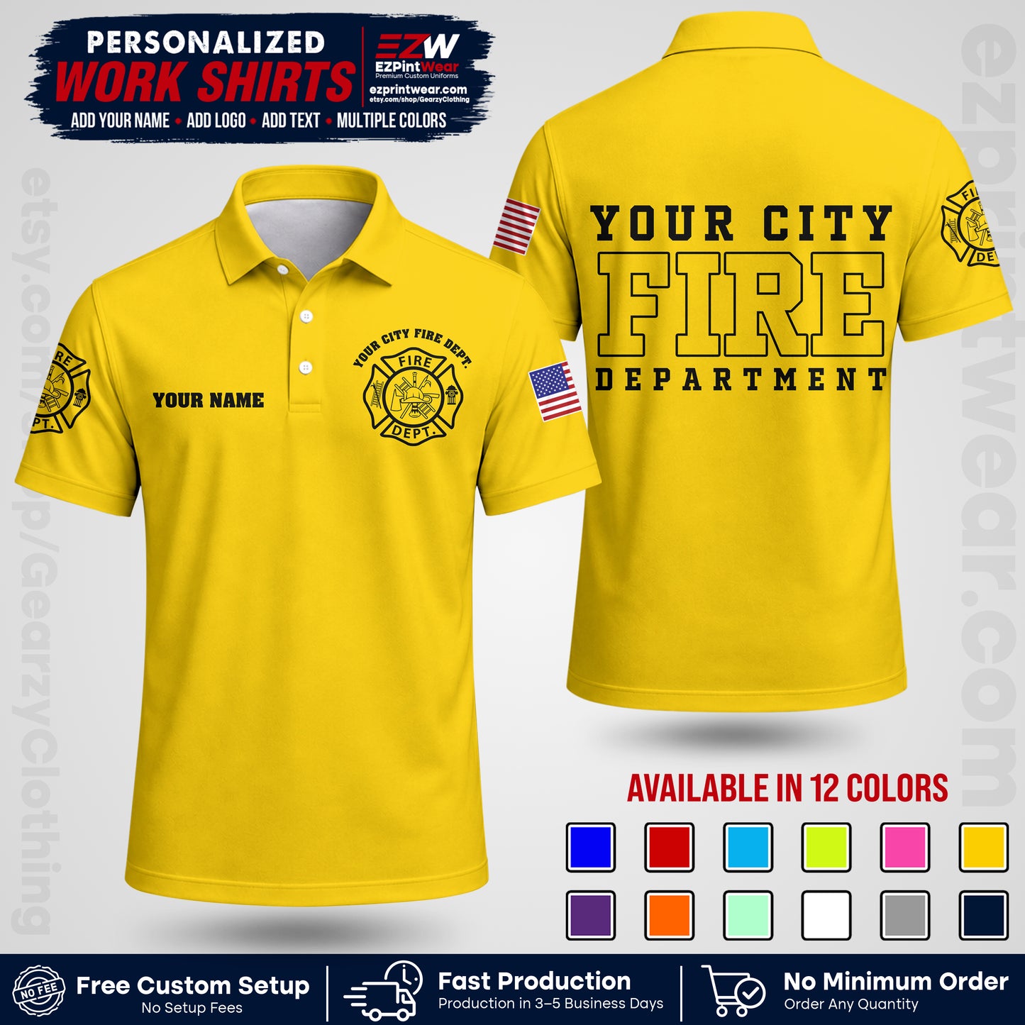 Custom Fire Department Shirt with Name, City Logo & Text | Firefighter Uniform | Button Up Work Shirt FF01