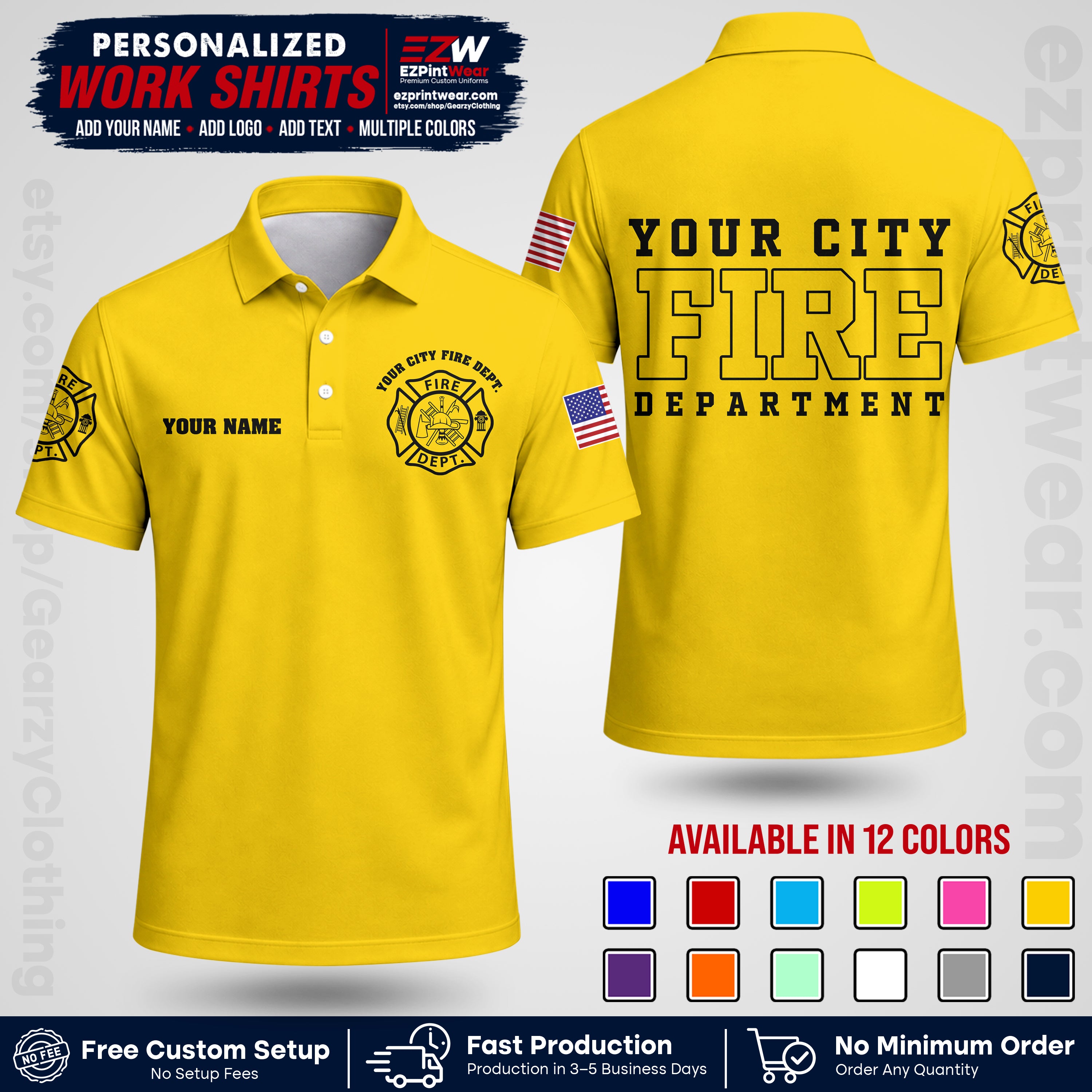 Custom Fire Department Shirt with Name, City Logo & Text | Firefighter Uniform | Button Up Work Shirt FF01
