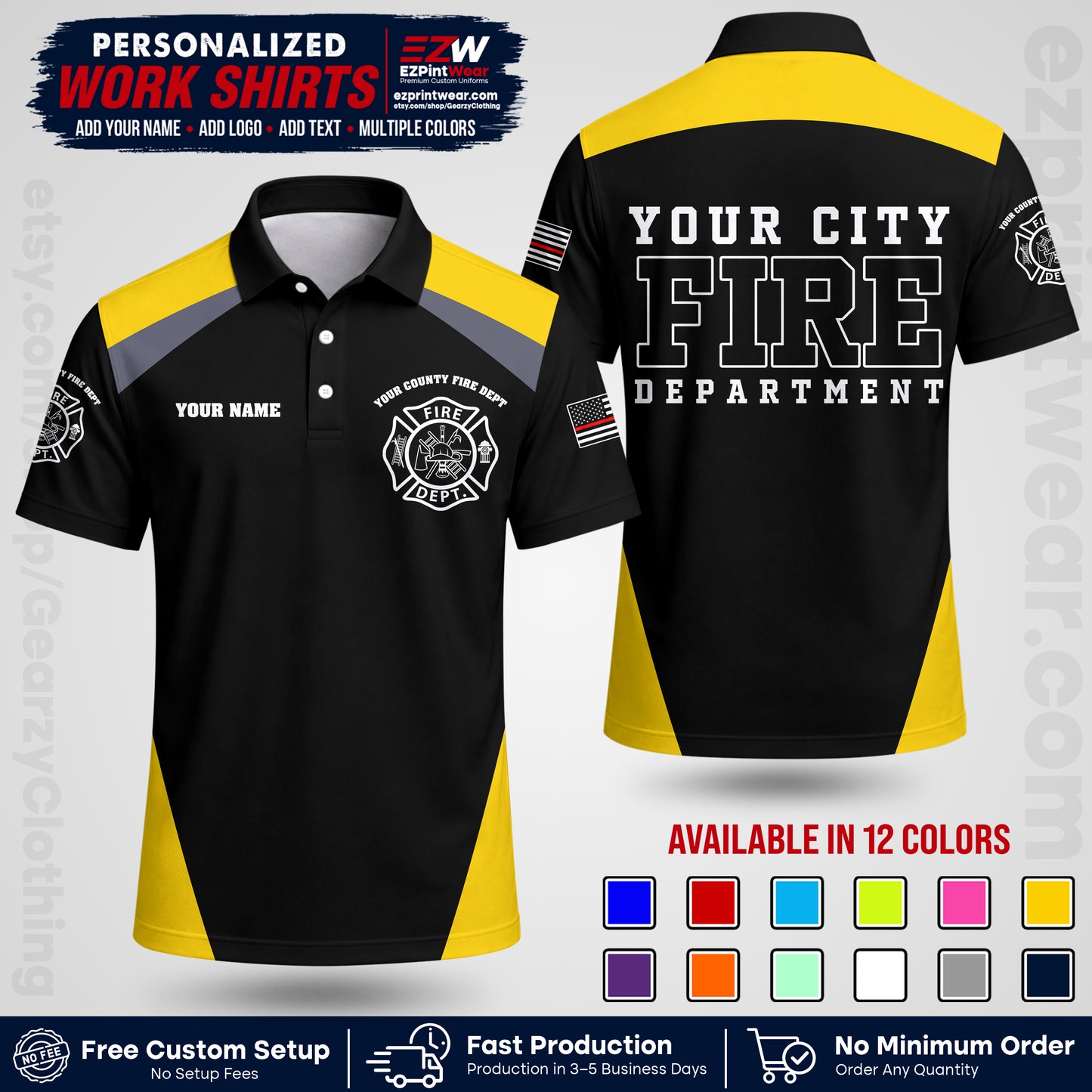 Custom Fire Department Shirt with Name, City Logo & Text | Firefighter Uniform | Button Up Work Shirt FF04