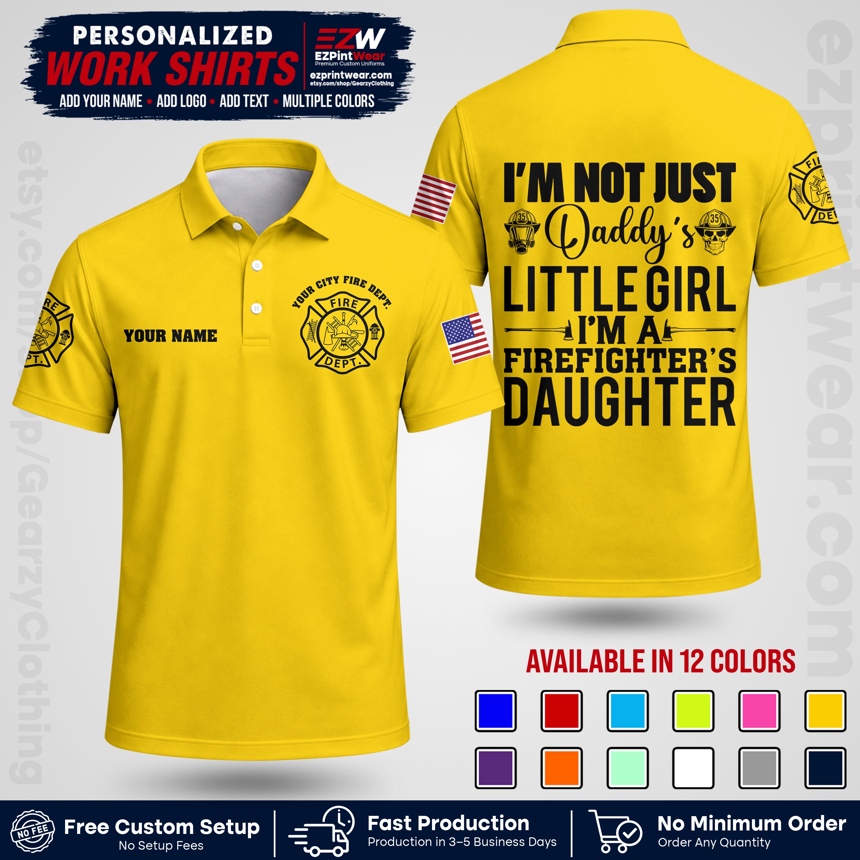 Custom Fire Department Shirt with Name, City Logo & Text | Firefighter Uniform | Button Up Work Shirt FF08