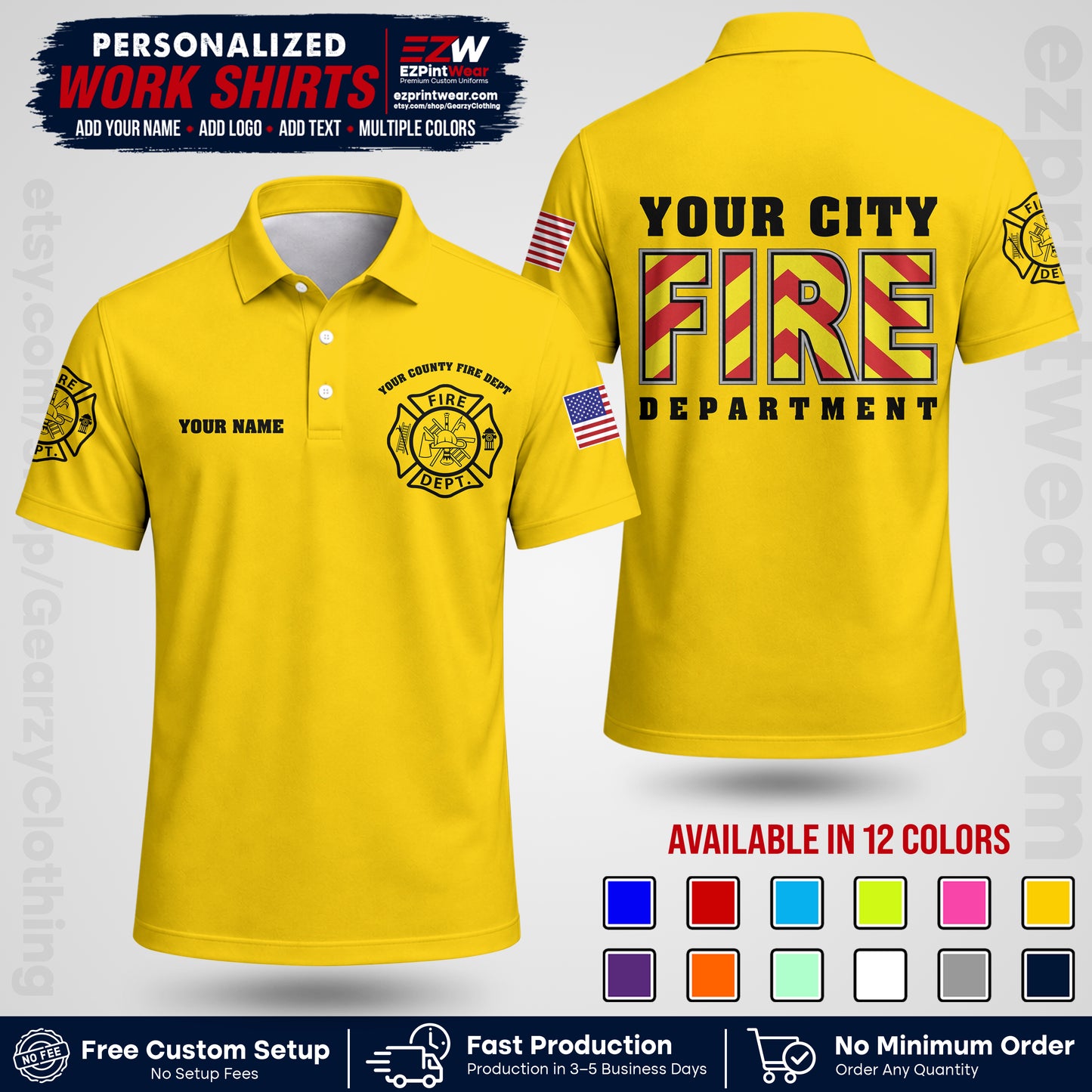 Custom Fire Department Shirt with Name, City Logo & Text | Firefighter Uniform | Button Up Work Shirt FF05