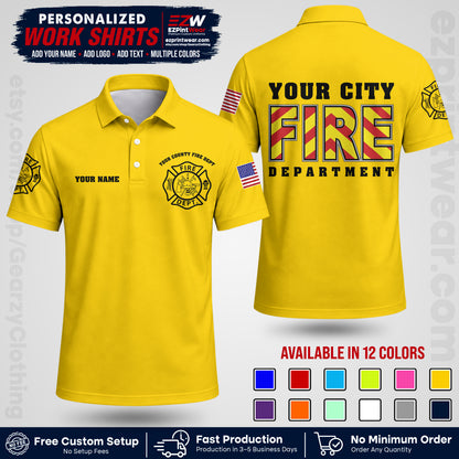Custom Fire Department Shirt with Name, City Logo & Text | Firefighter Uniform | Button Up Work Shirt FF05
