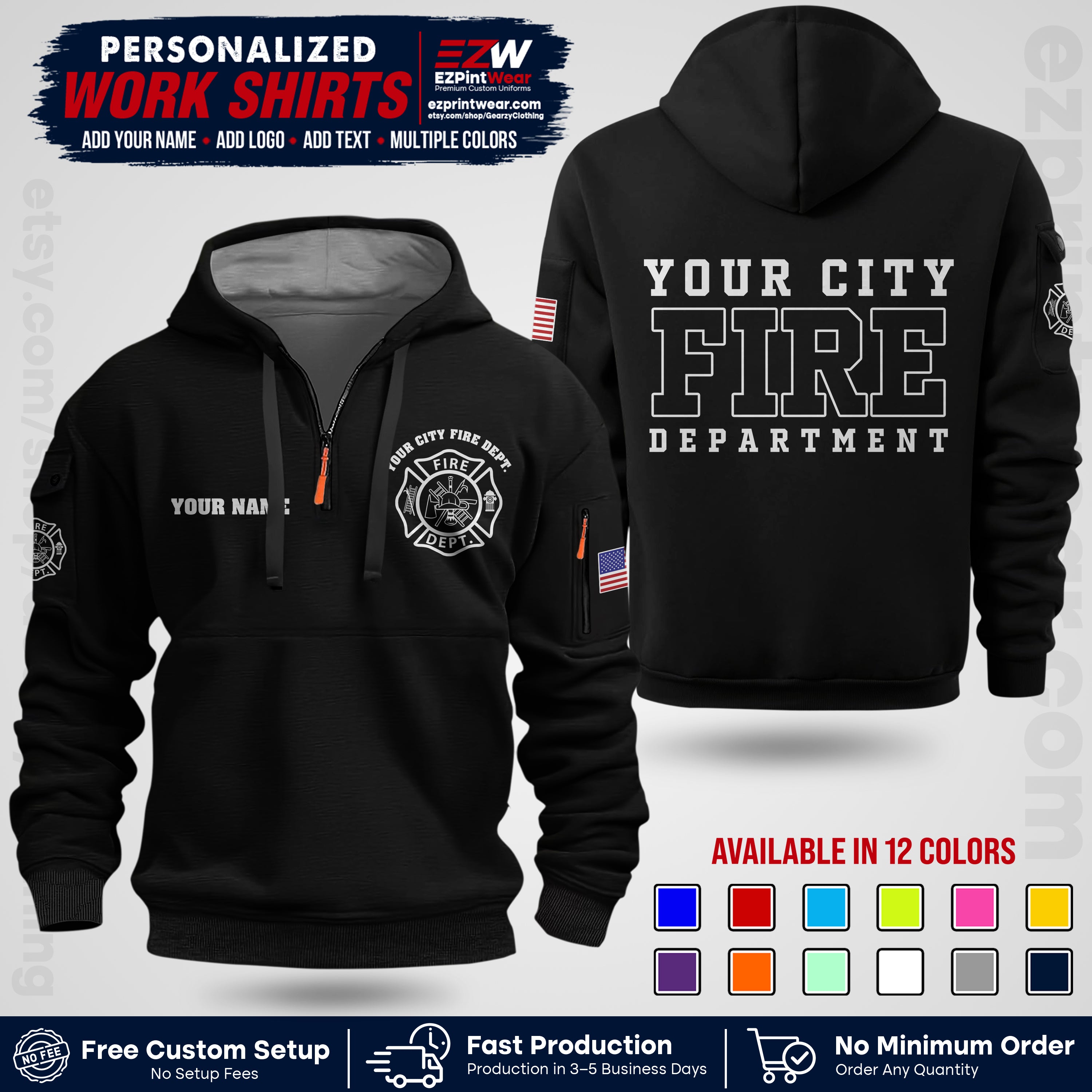Custom Fire Department Shirt with Name, City Logo & Text | Firefighter Uniform | Button Up Work Shirt FF01