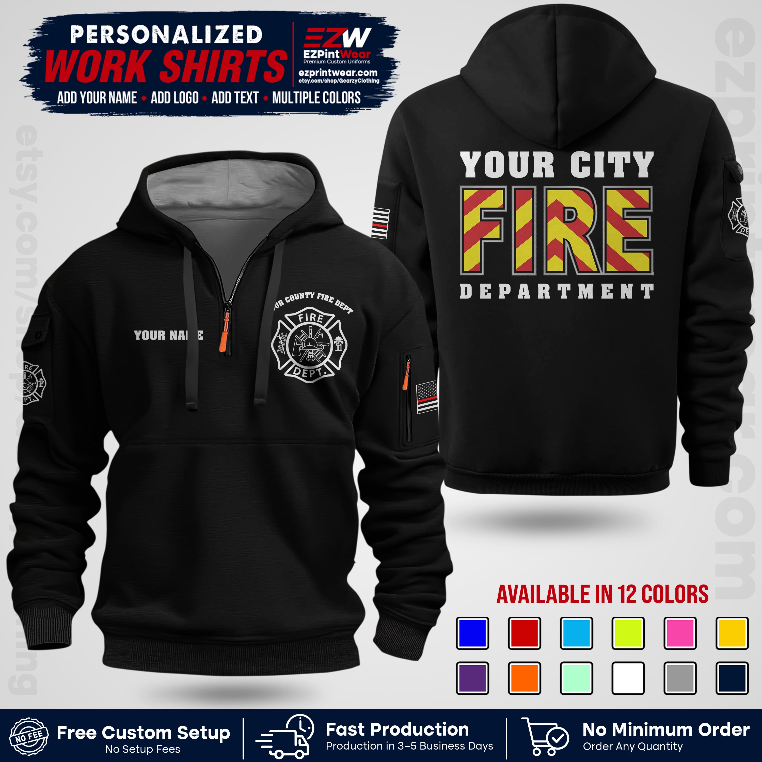 Custom Fire Department Shirt with Name, City Logo & Text | Firefighter Uniform | Button Up Work Shirt FF05