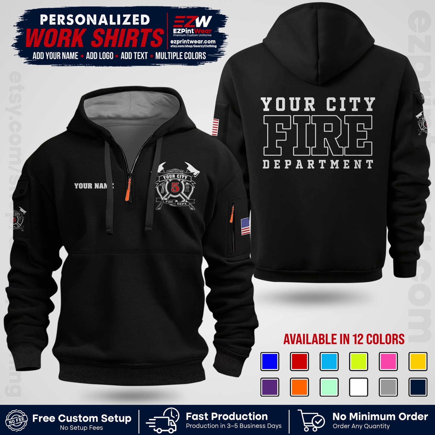 Custom Fire Department Shirt with Name, City Logo & Text | Firefighter Uniform | Button Up Work Shirt FF07