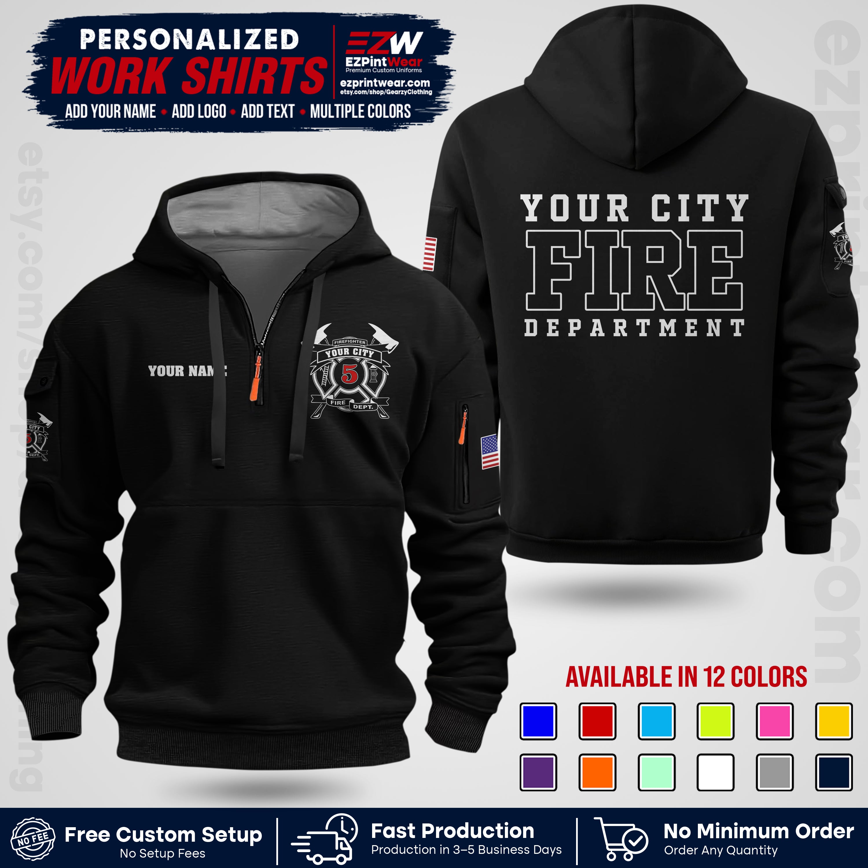 Custom Fire Department Shirt with Name, City Logo & Text | Firefighter Uniform | Button Up Work Shirt FF07